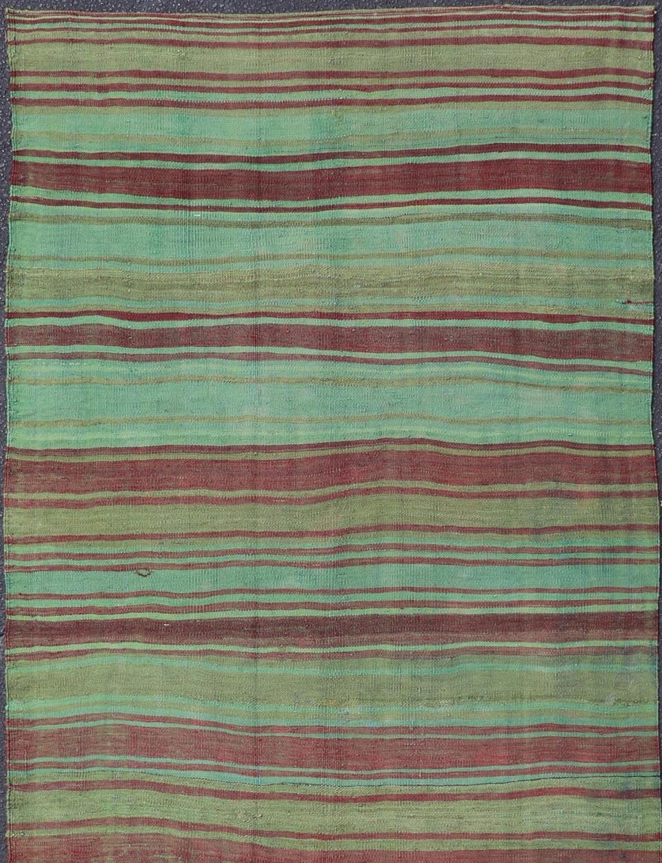 Vintage Turkish Kilim Gallery Rug with Vibrant Green, Brown Stripes 4'3