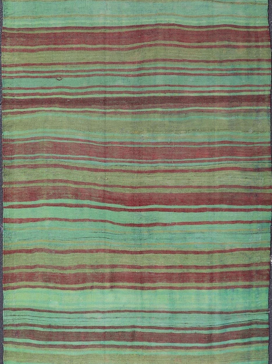 Vintage Turkish Kilim Gallery Rug with Vibrant Green, Brown Stripes 4'3