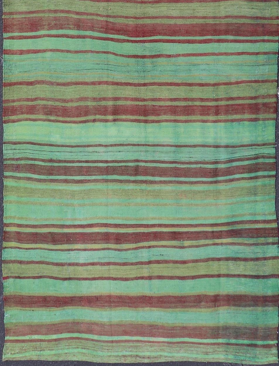 Vintage Turkish Kilim Gallery Rug with Vibrant Green, Brown Stripes 4'3