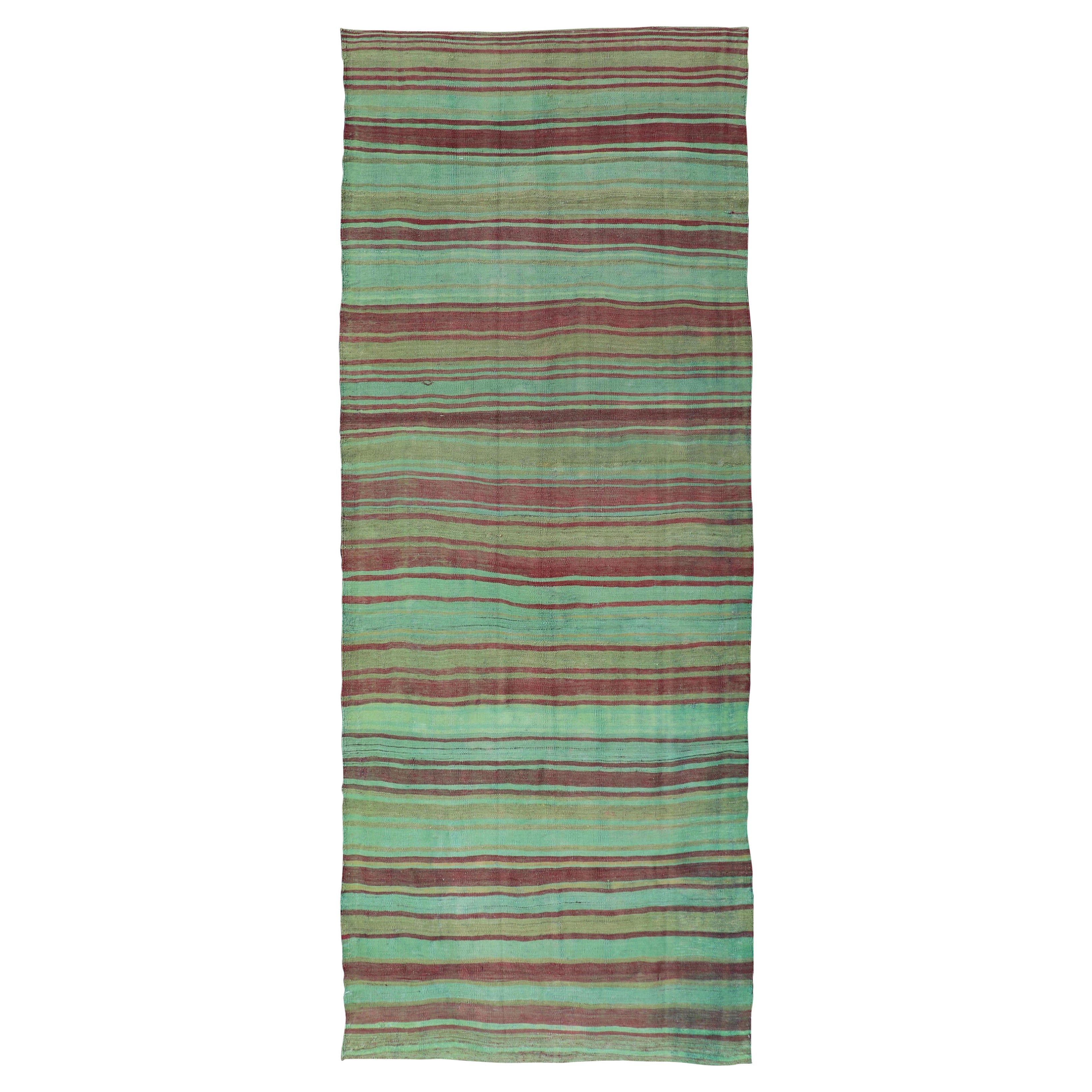 Türkischer Kilim-Galerie-Teppich mit lebhaften grünen und braunen Streifen 4'3" x 11'2
