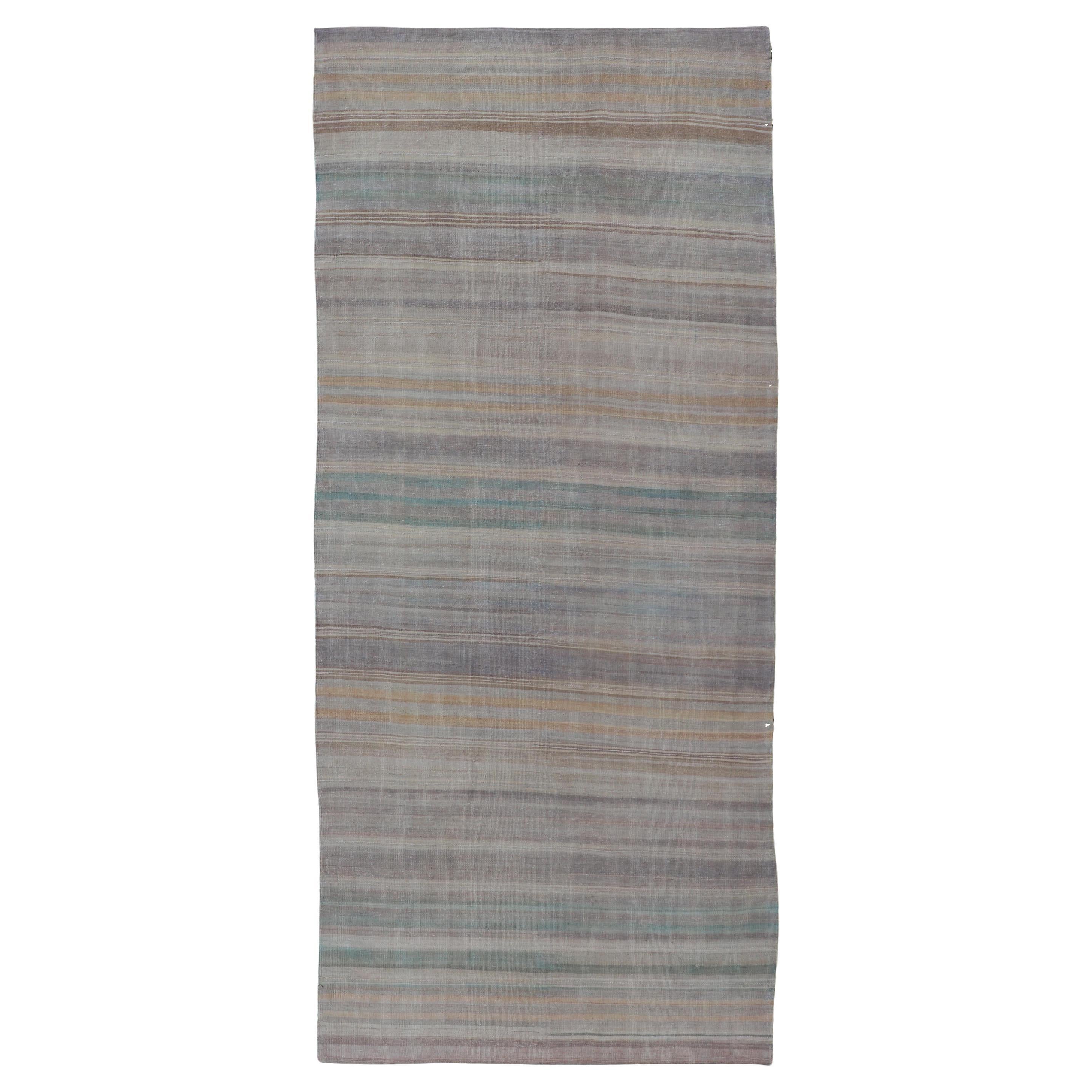 Vintage Turkish Kilim Gallery Runner in Soft Muted Tones 5'5"x12'5" For Sale