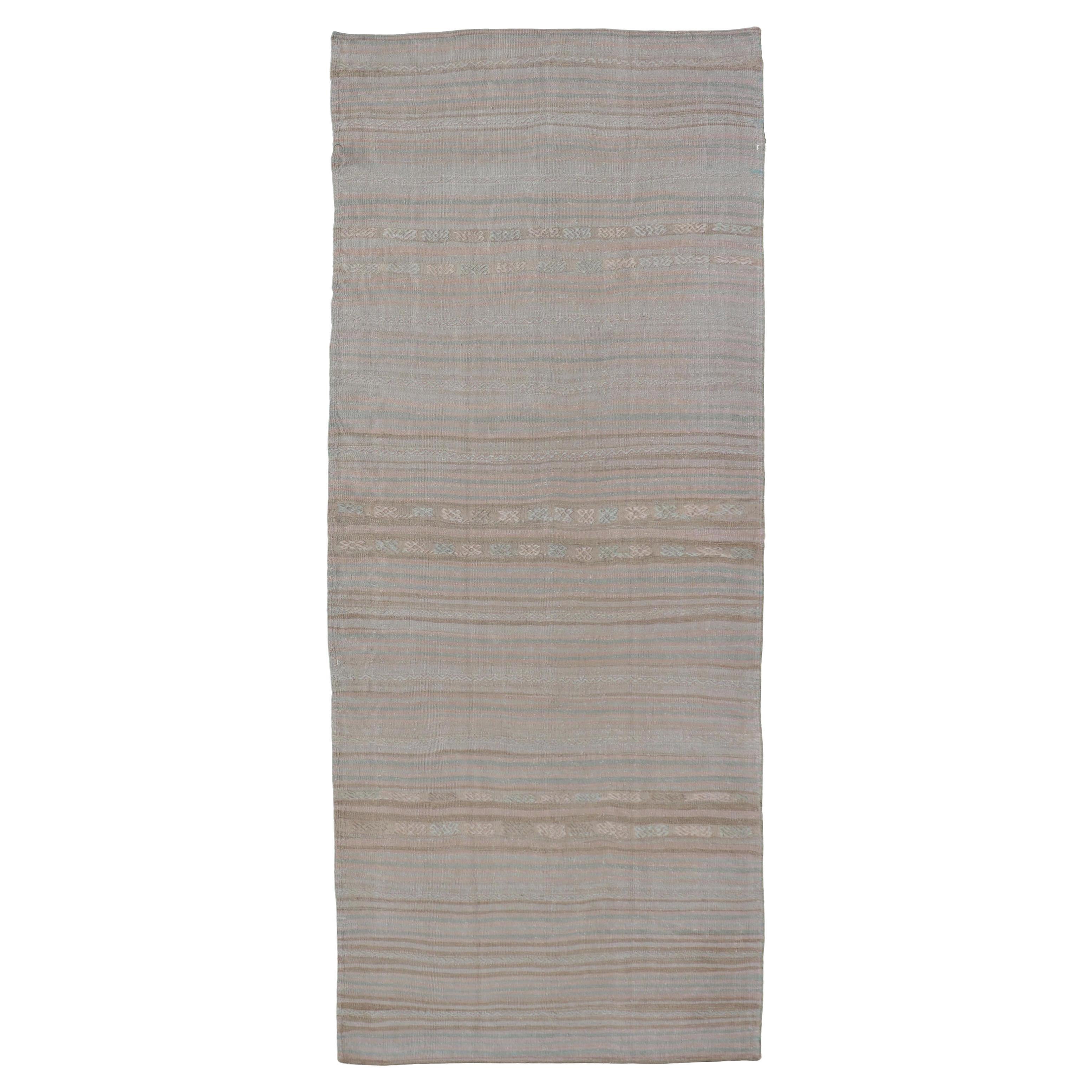 Vintage Turkish Kilim Gallery Runner in Soft Pastel Stripes 4'5"x11'3" For Sale