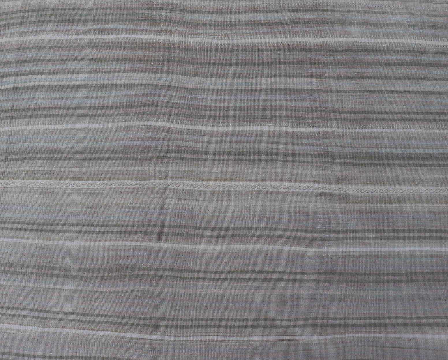 Vintage Turkish Kilim Gallery Runner in Soft Taupe and Olive Stripes 4'8