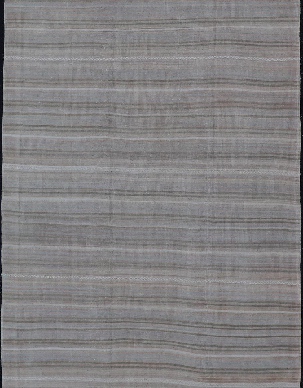 Hand-Woven Vintage Turkish Kilim Gallery Runner in Soft Taupe and Olive Stripes 4'8