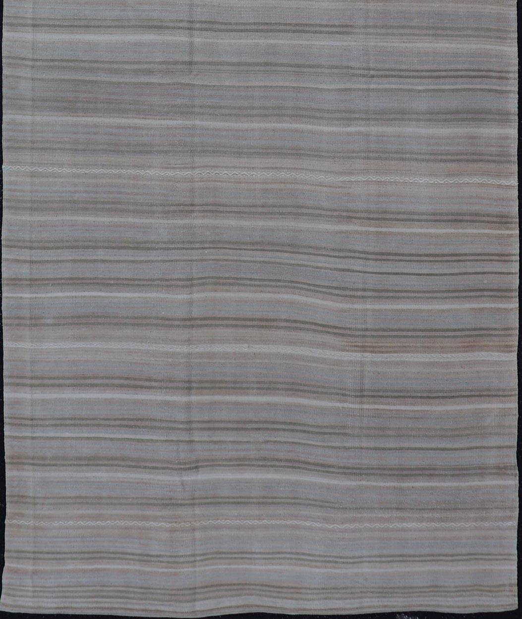 Vintage Turkish Kilim Gallery Runner in Soft Taupe and Olive Stripes 4'8