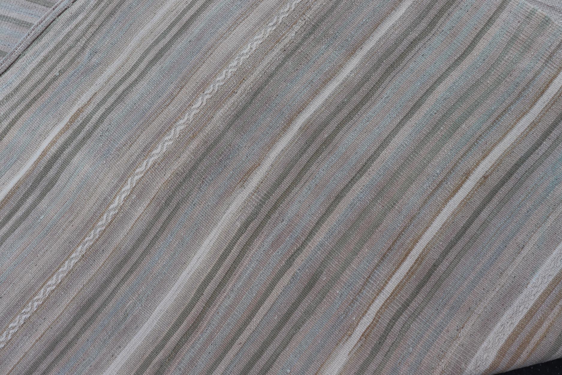 20th Century Vintage Turkish Kilim Gallery Runner in Soft Taupe and Olive Stripes 4'8