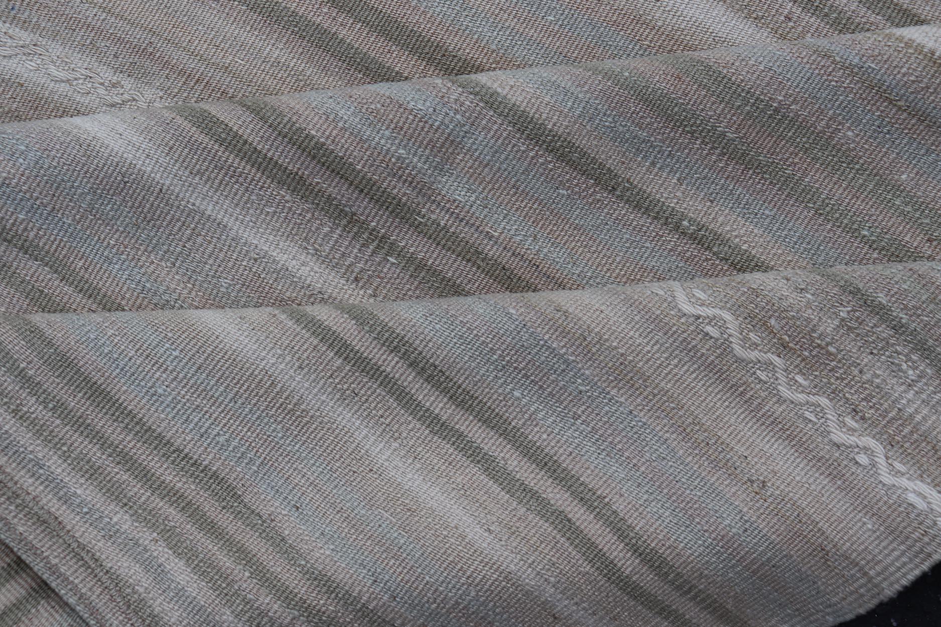 Wool Vintage Turkish Kilim Gallery Runner in Soft Taupe and Olive Stripes 4'8