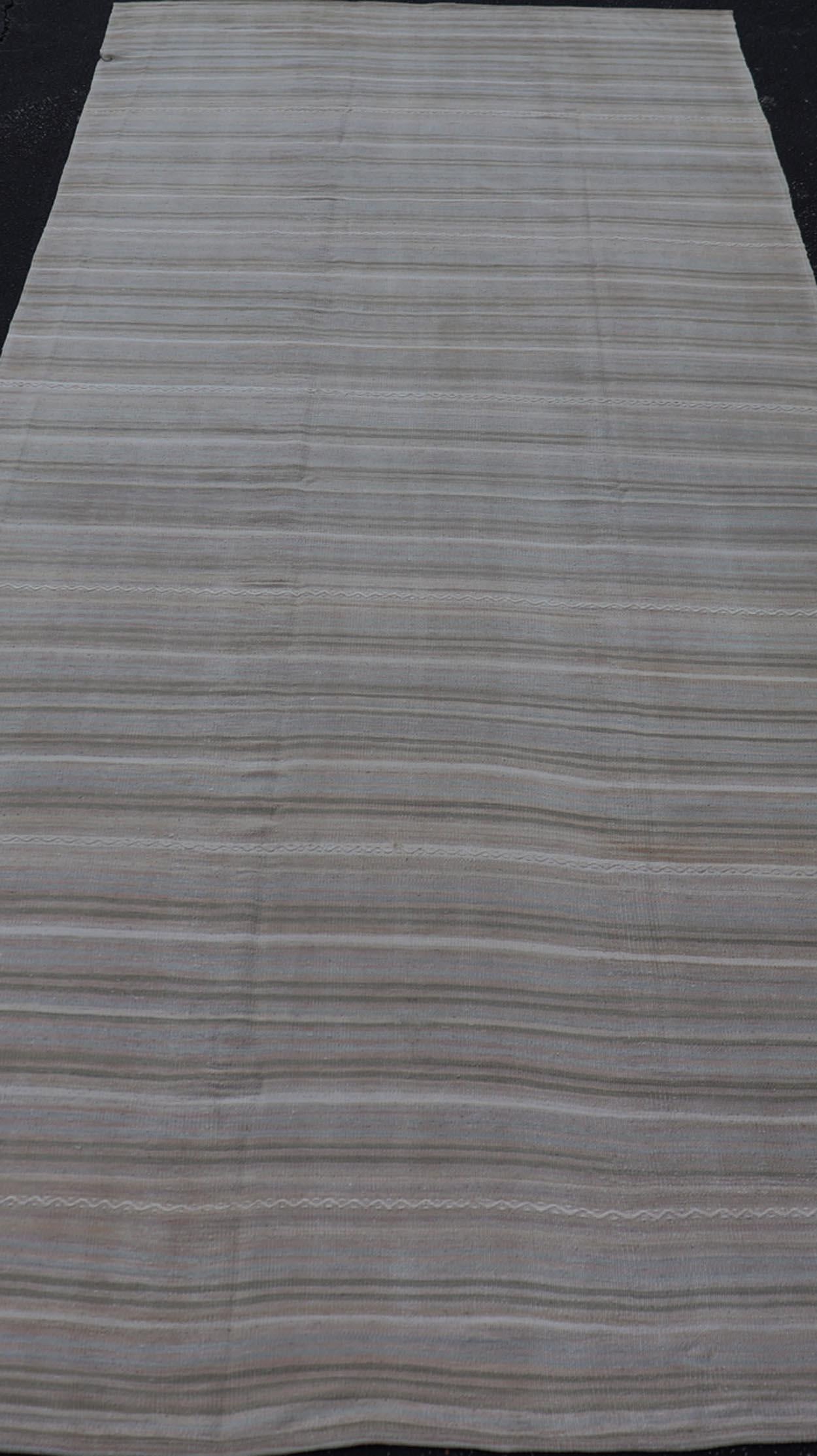 Vintage Turkish Kilim Gallery Runner in Soft Taupe and Olive Stripes 4'8