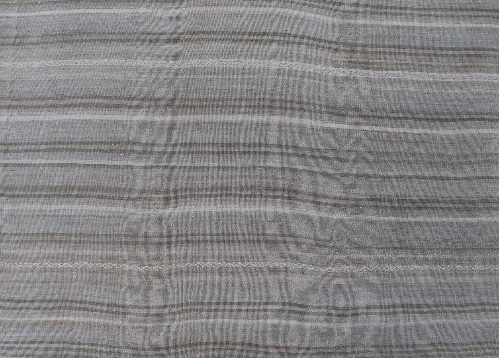 Vintage Turkish Kilim Gallery Runner in Soft Taupe and Olive Stripes 4'8