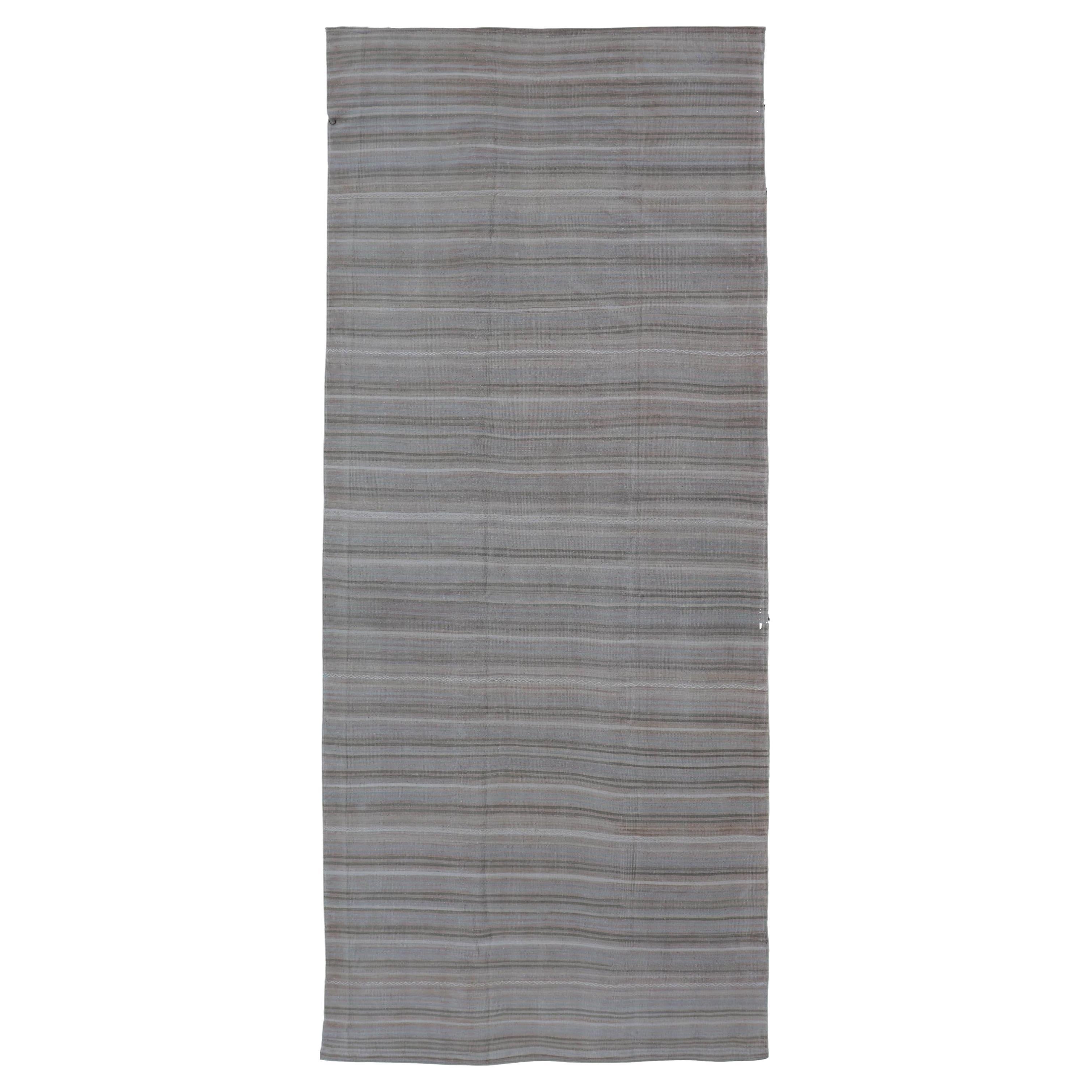 Vintage Turkish Kilim Gallery Runner in Soft Taupe and Olive Stripes 4'8"x11'6" For Sale