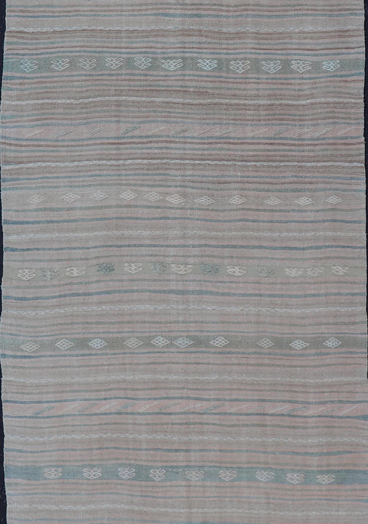 Hand-Knotted Vintage Turkish Kilim Gallery Runner With Subtle Pastel Tones 4'6