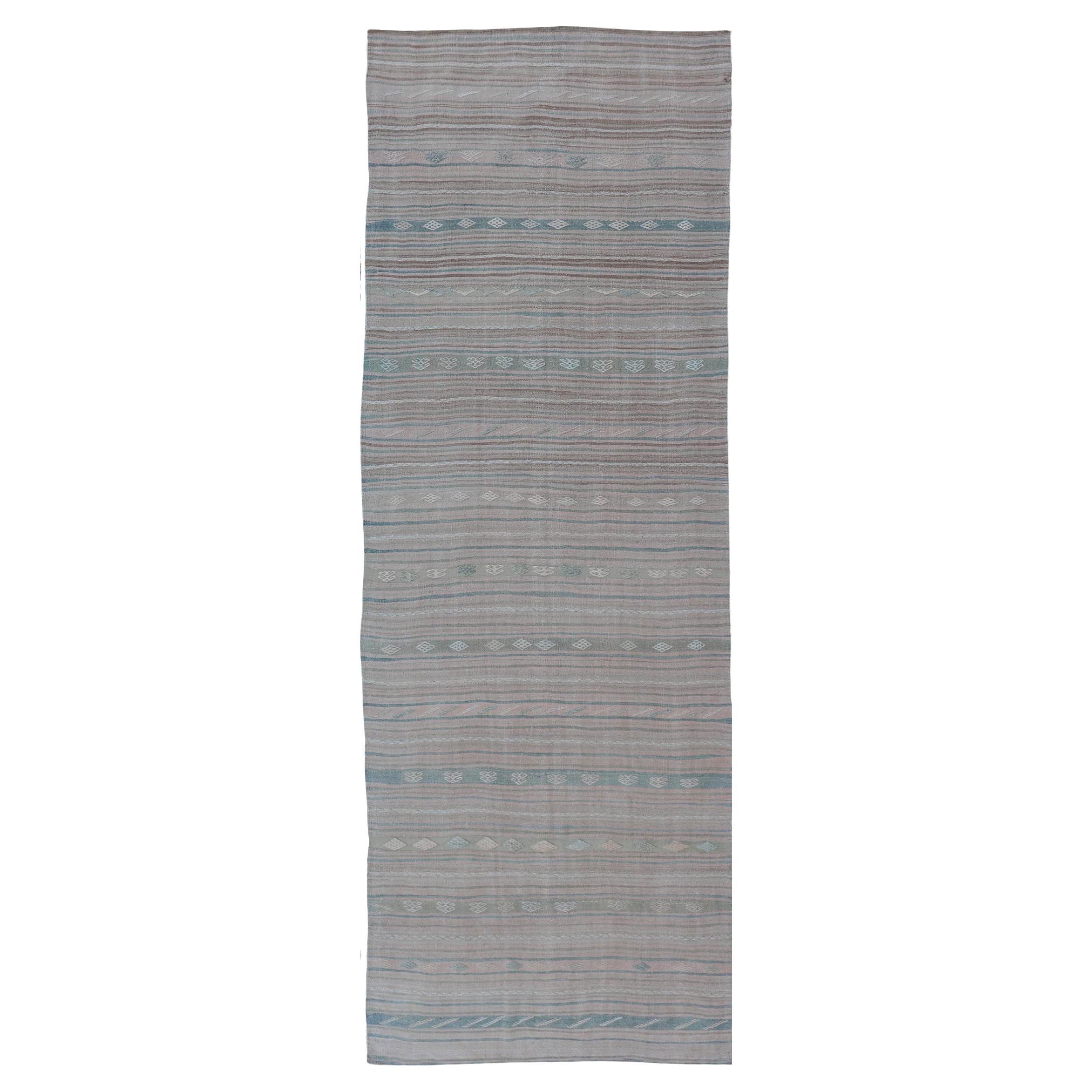 Vintage Turkish Kilim Gallery Runner With Subtle Pastel Tones 4'6"x13'10" For Sale
