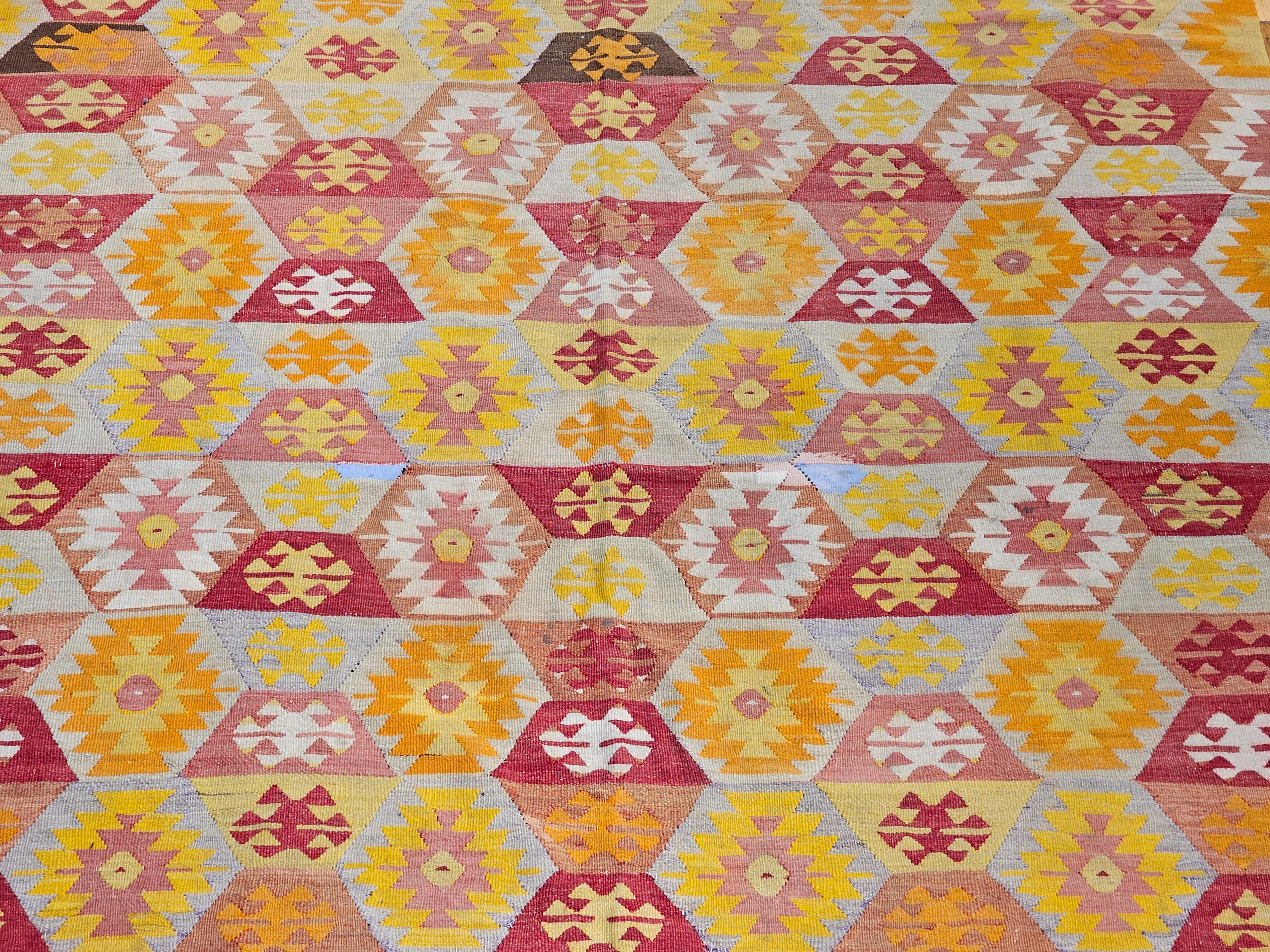 Vintage Turkish Kilim in Allover Pattern in Red, Yellow, Orange, Ivory, Gray For Sale 4
