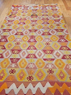Vintage Turkish Kilim Rug, Handwoven Wool, Autumn Yellow & Red Colors, 6' x 10'