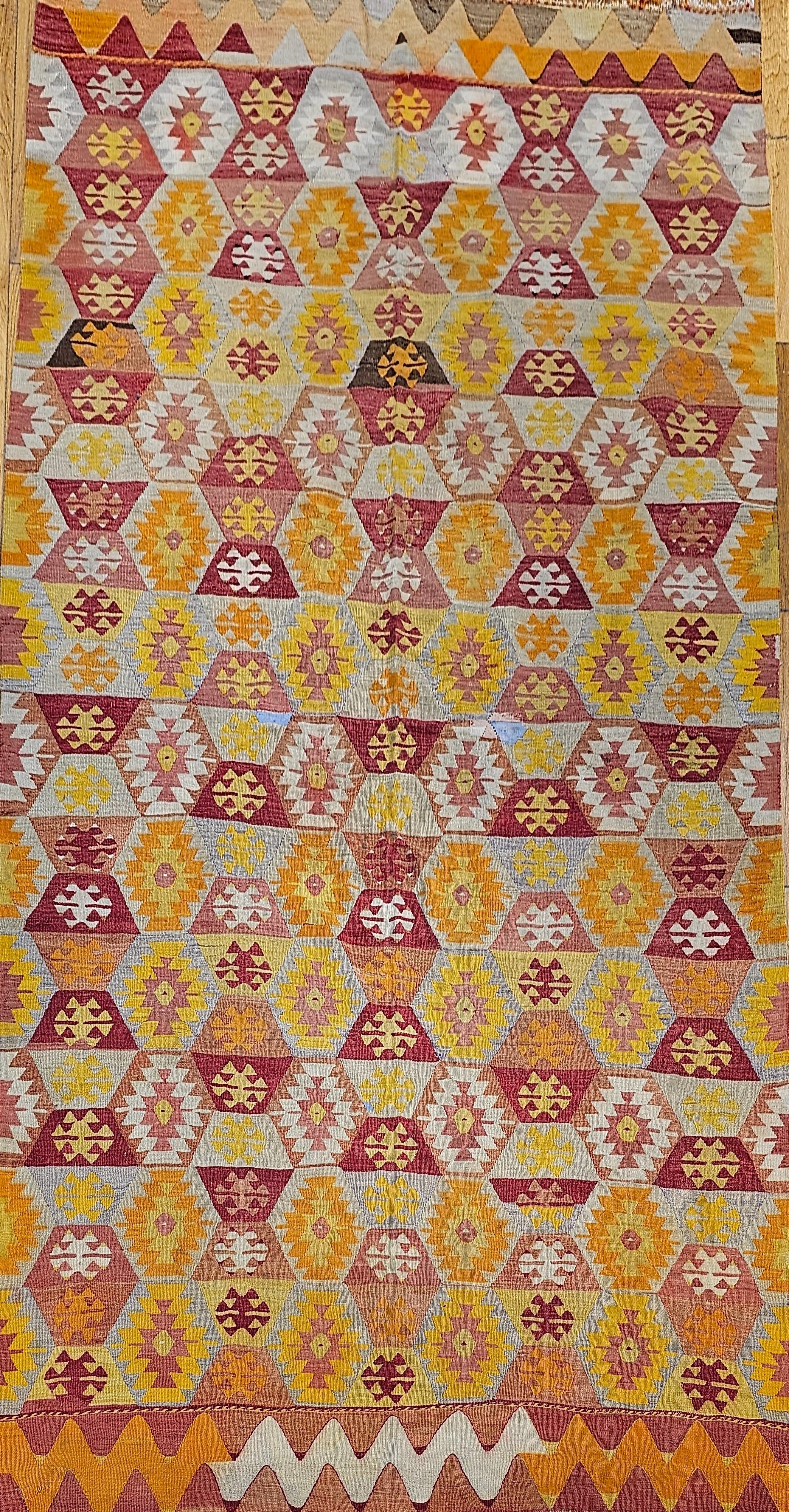 Vintage Turkish Kilim in Allover Pattern in Red, Yellow, Orange, Ivory, Gray In Good Condition For Sale In Barrington, IL