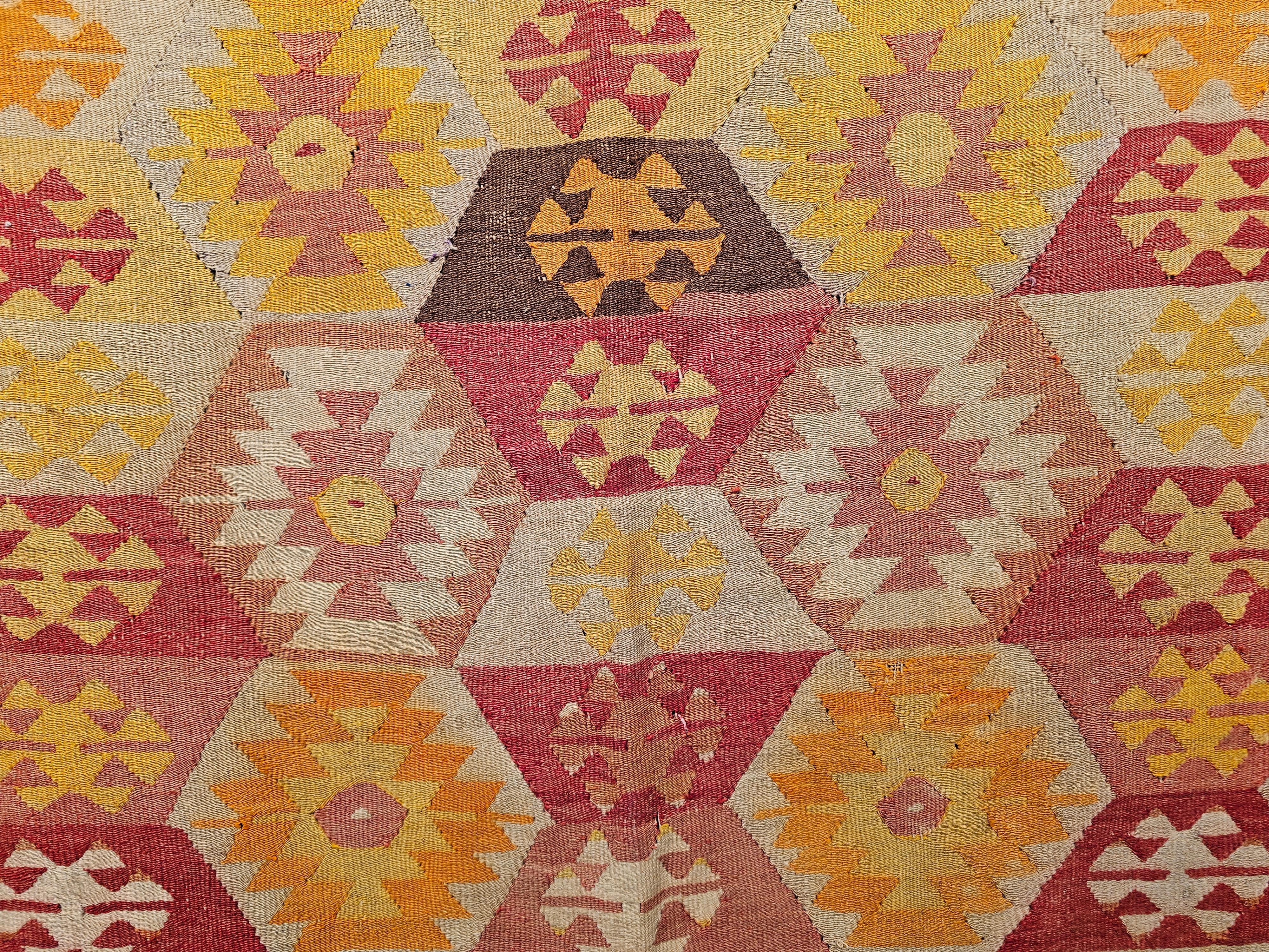 Vintage Turkish Kilim in Allover Pattern in Red, Yellow, Orange, Ivory, Gray For Sale 1