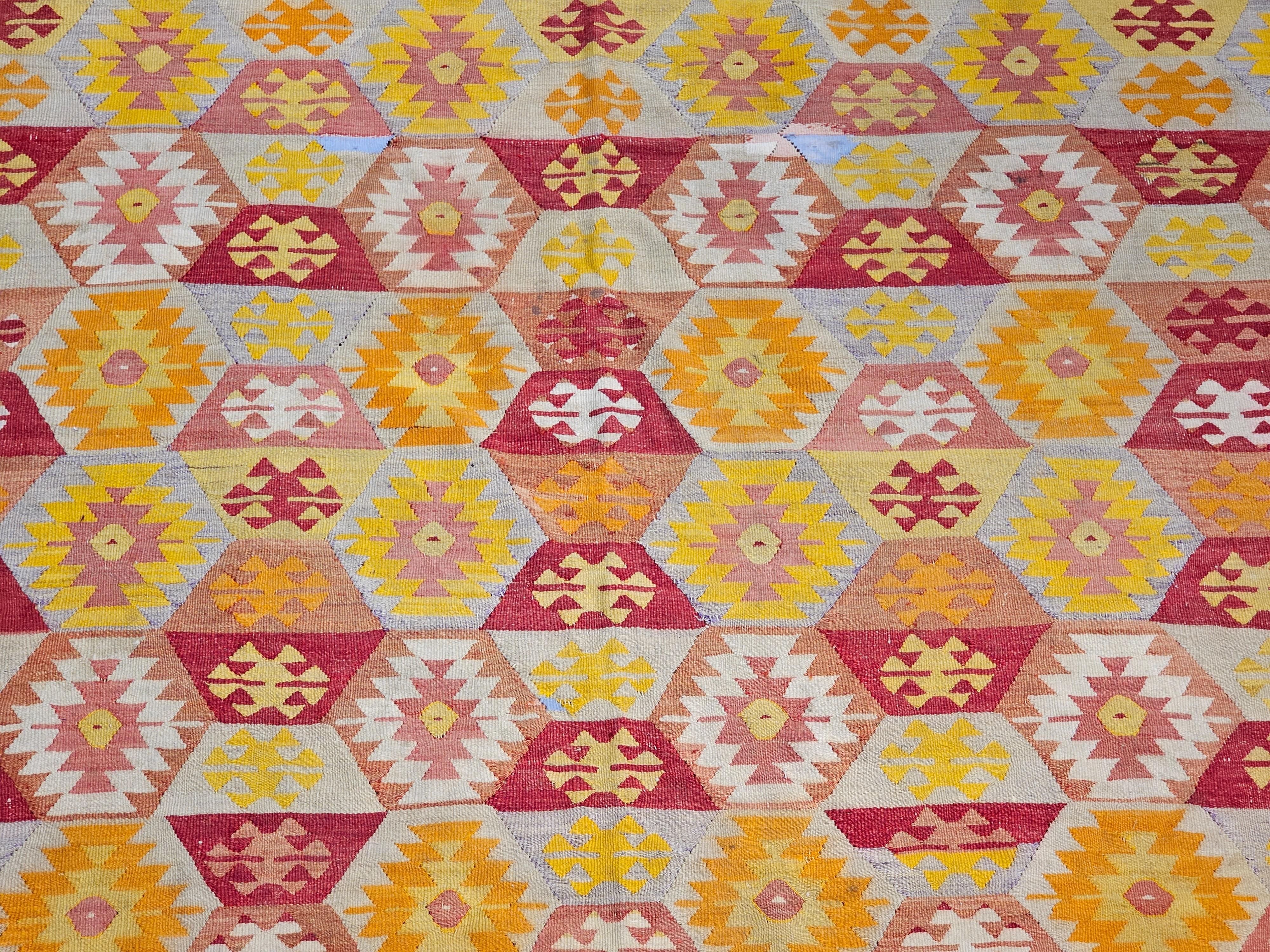 Vintage Turkish Kilim in Allover Pattern in Red, Yellow, Orange, Ivory, Gray For Sale 2
