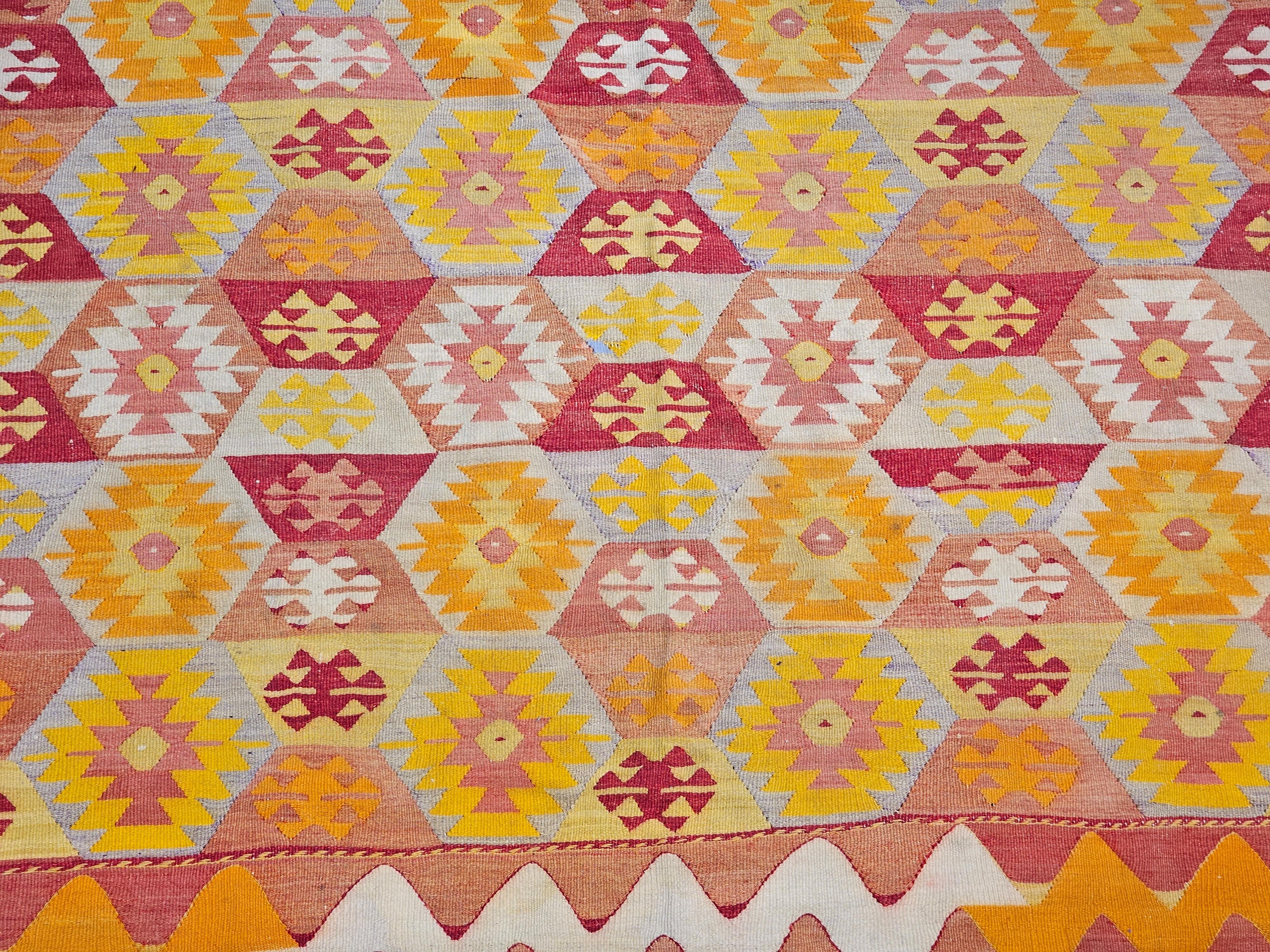 Vintage Turkish Kilim in Allover Pattern in Red, Yellow, Orange, Ivory, Gray For Sale 3