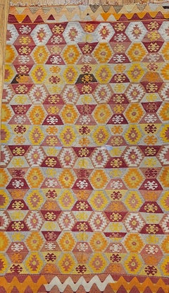 Retro Turkish Kilim in Allover Pattern in Red, Yellow, Orange, Ivory, Gray