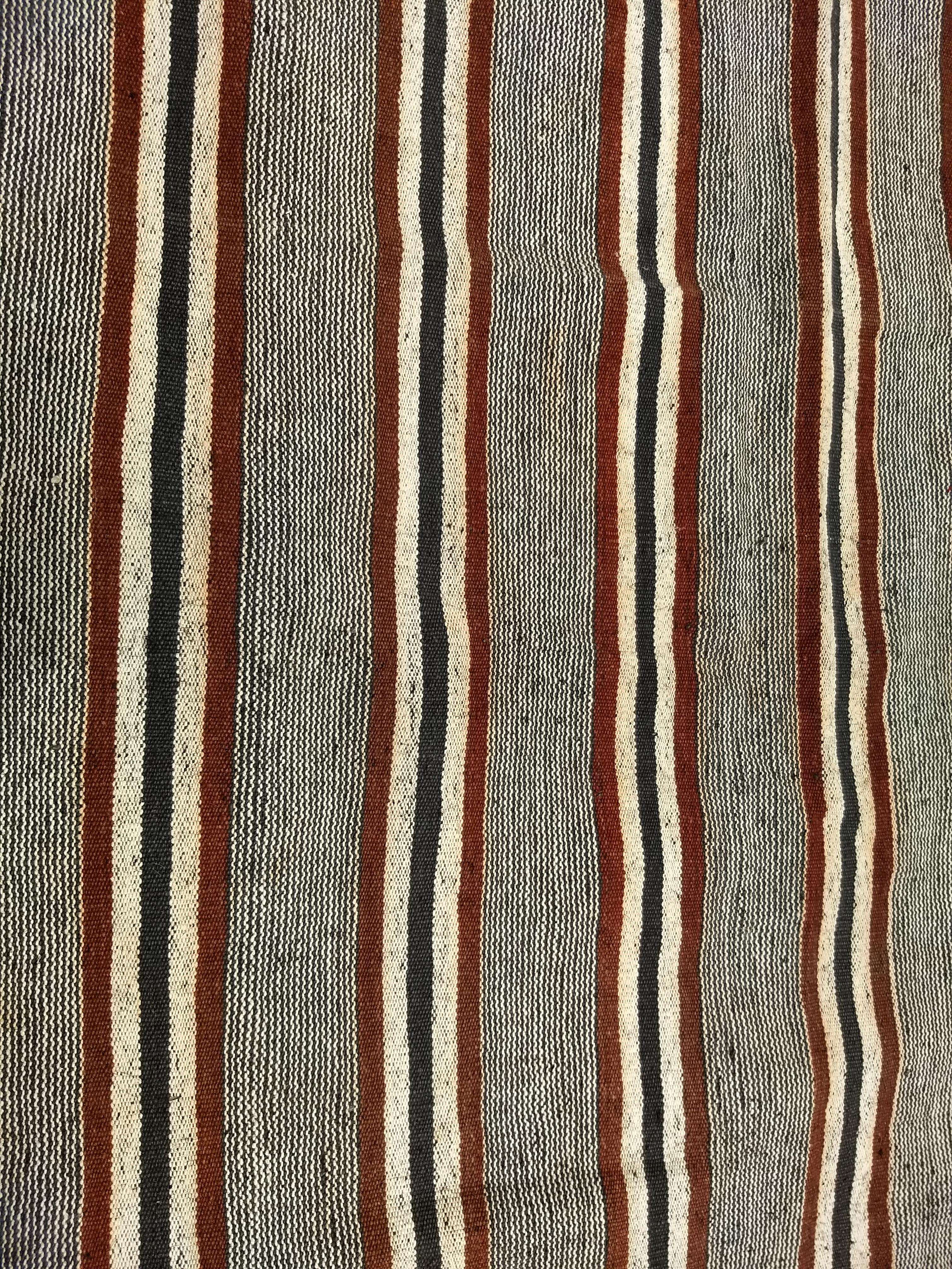 Vegetable Dyed Vintage Turkish Kilim in Allover Stripe Pattern  in Gray, Ivory, Black, Maroon For Sale