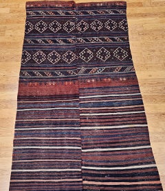Vintage Turkish Kilim, Handwoven Wool, Indigo Blue & Brick-Red, 1920s