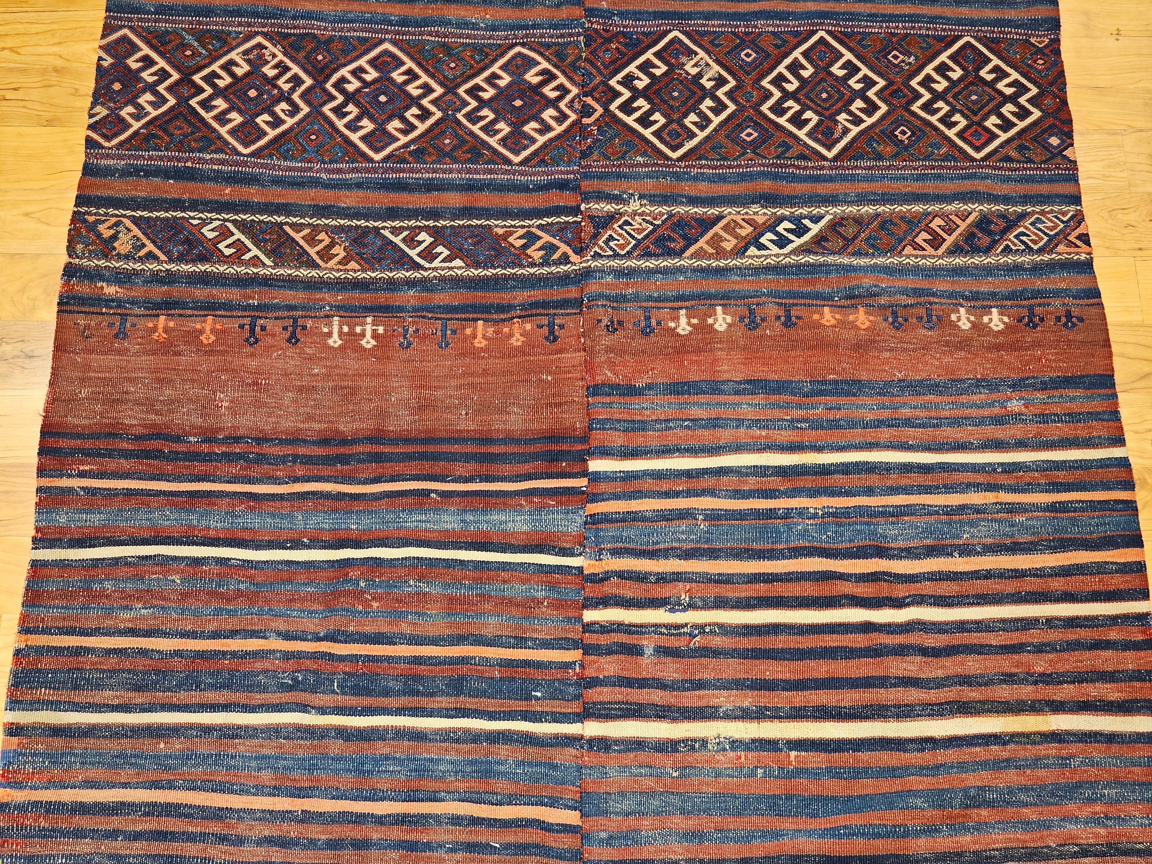Vintage Turkish Kilim in Geometric Design in Indigo Blue, Rust-Red, Ivory In Good Condition For Sale In Barrington, IL
