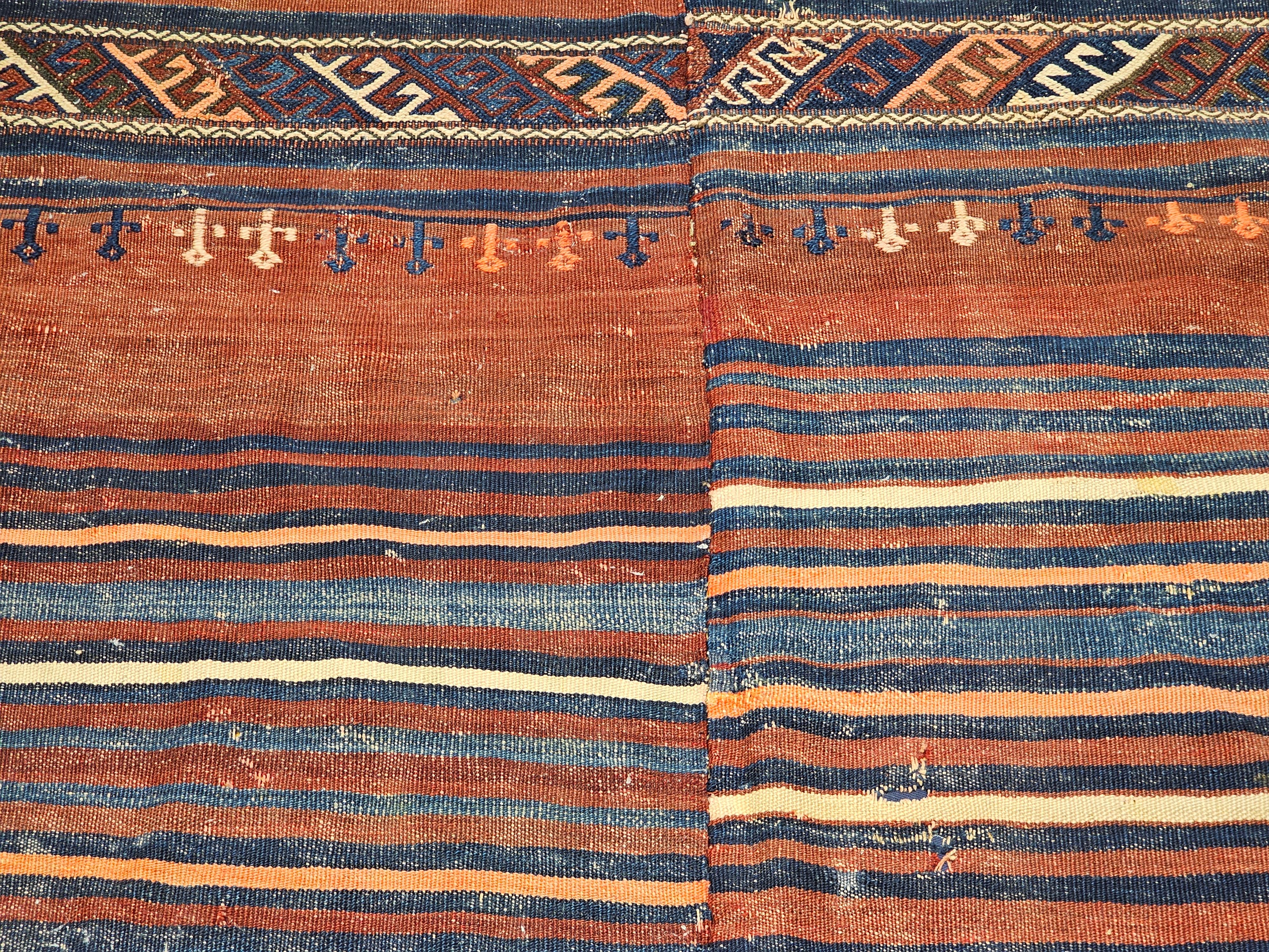 Wool Vintage Turkish Kilim in Geometric Design in Indigo Blue, Rust-Red, Ivory For Sale