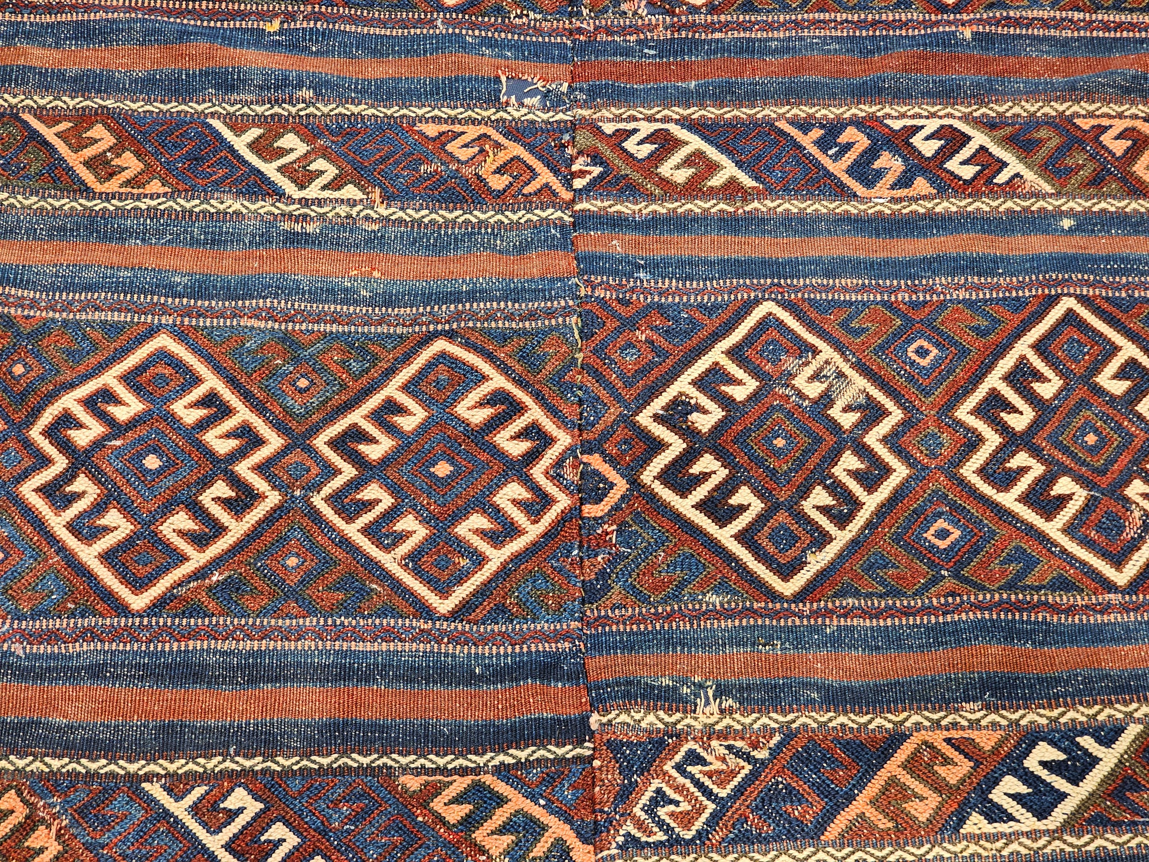 Vintage Turkish Kilim in Geometric Design in Indigo Blue, Rust-Red, Ivory For Sale 1