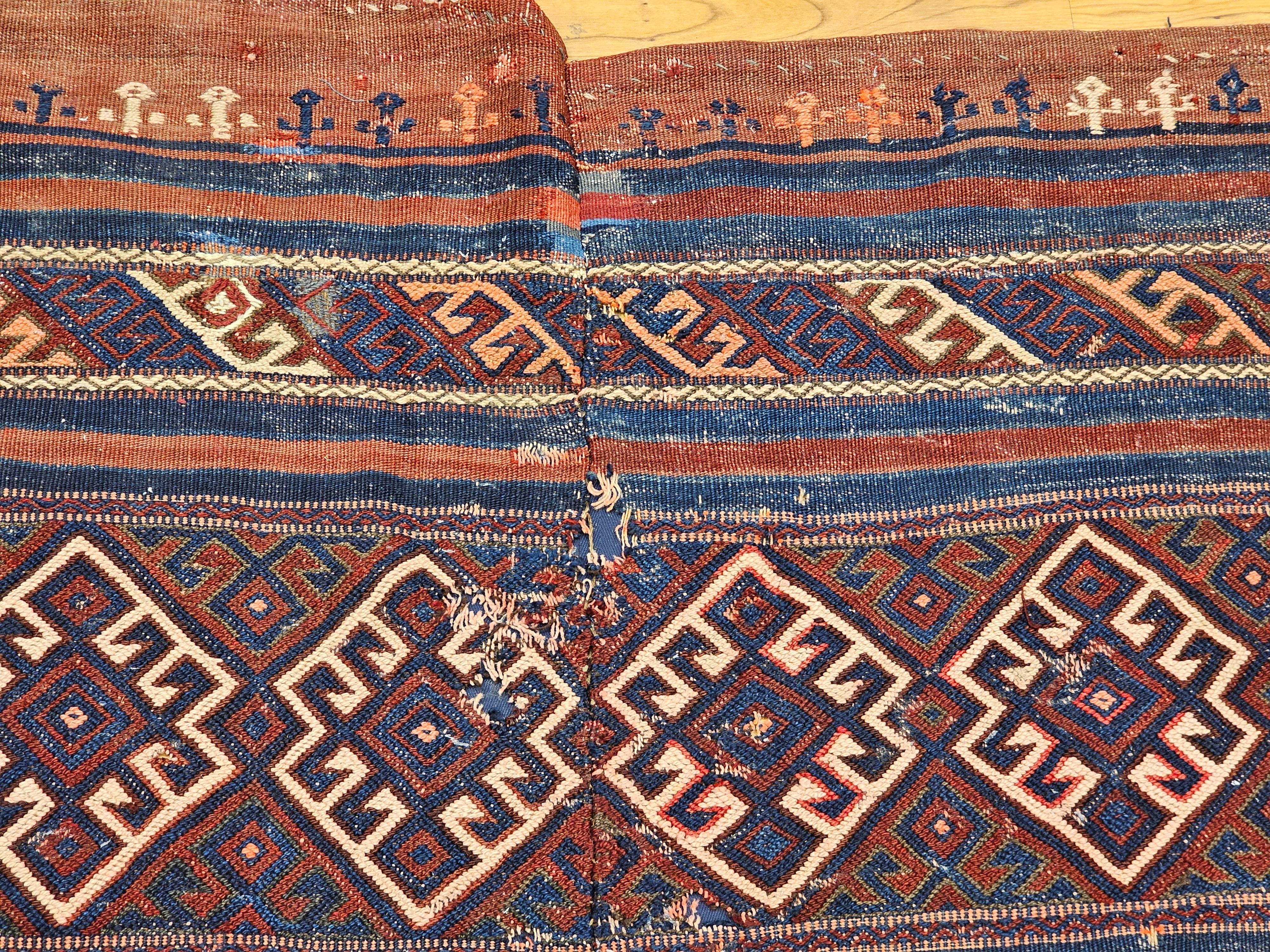Vintage Turkish Kilim in Geometric Design in Indigo Blue, Rust-Red, Ivory For Sale 2