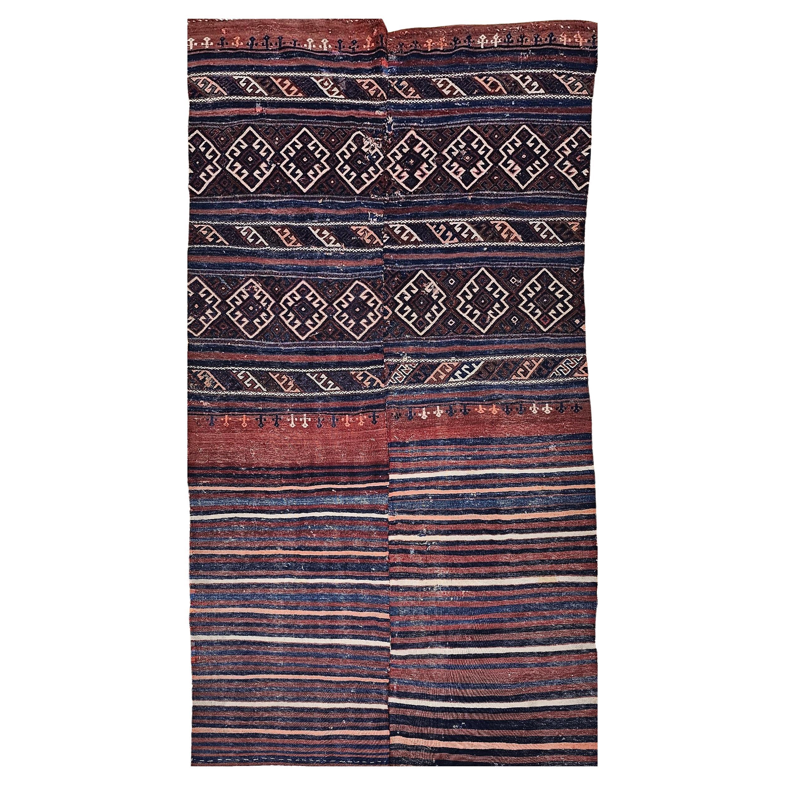 Vintage Turkish Kilim in Geometric Design in Indigo Blue, Rust-Red, Ivory