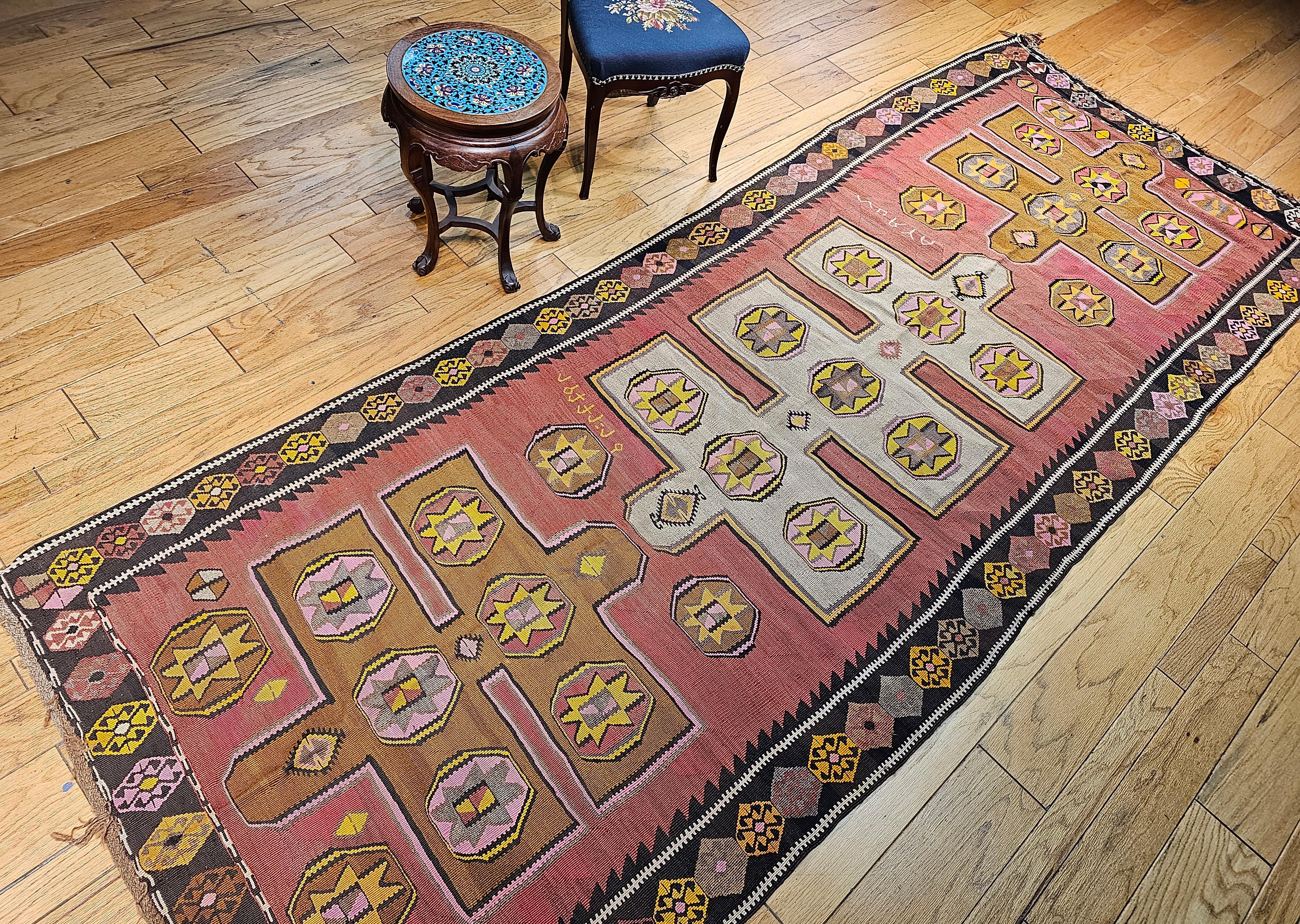 Vintage Turkish Kilim in Geometric Pattern in Pink, Black, Ivory, Yellow, Brown For Sale 8