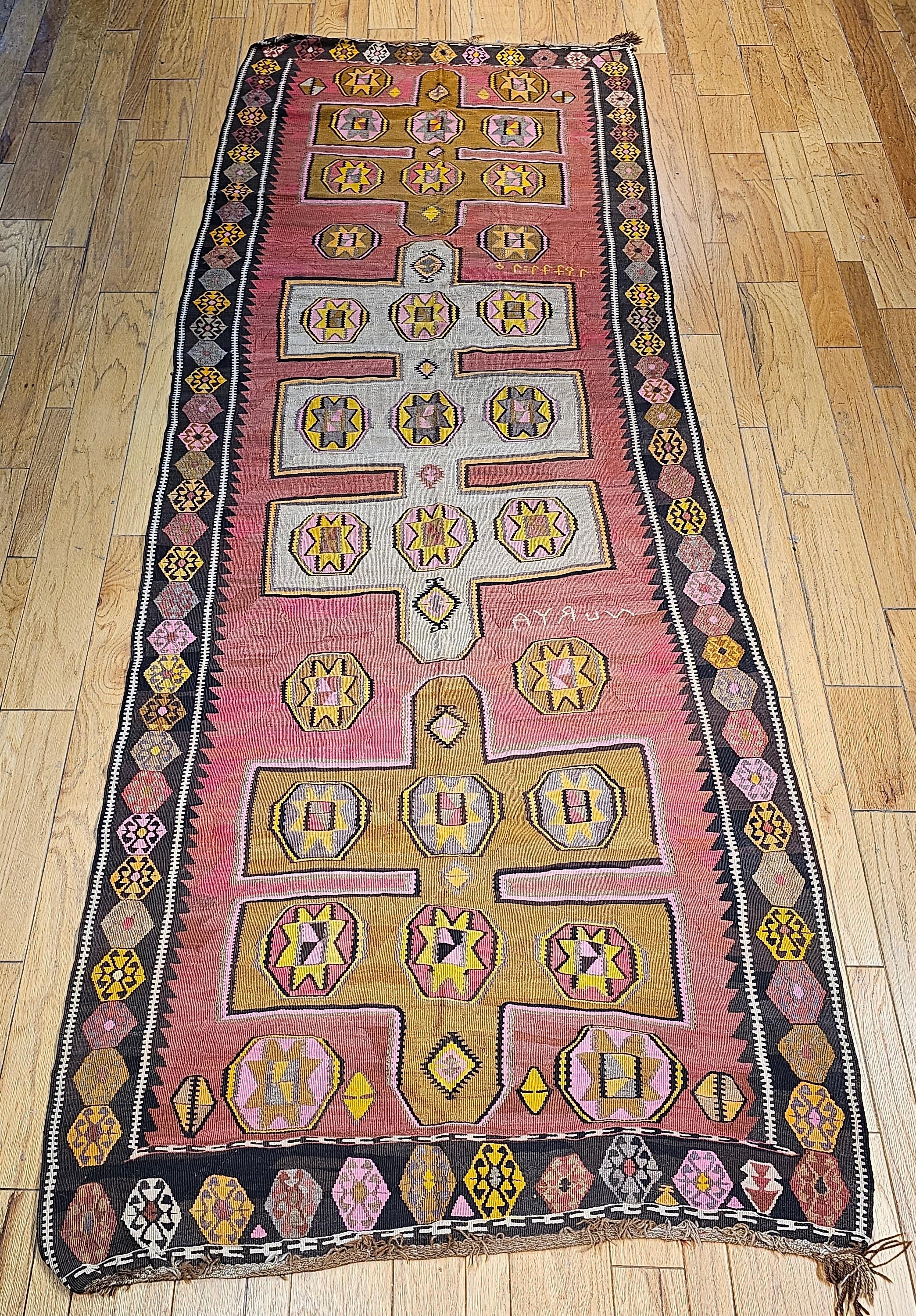 Vintage Turkish Kilim in Geometric Pattern in Pink, Black, Ivory, Yellow, Brown For Sale 10