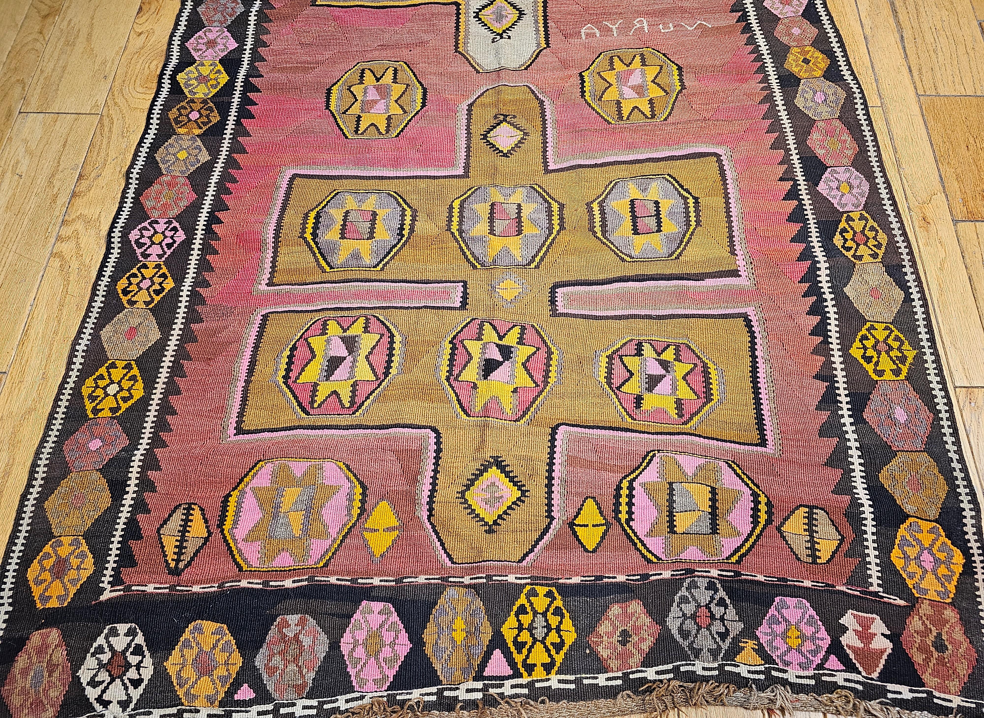 Vegetable Dyed Vintage Turkish Kilim in Geometric Pattern in Pink, Black, Ivory, Yellow, Brown For Sale