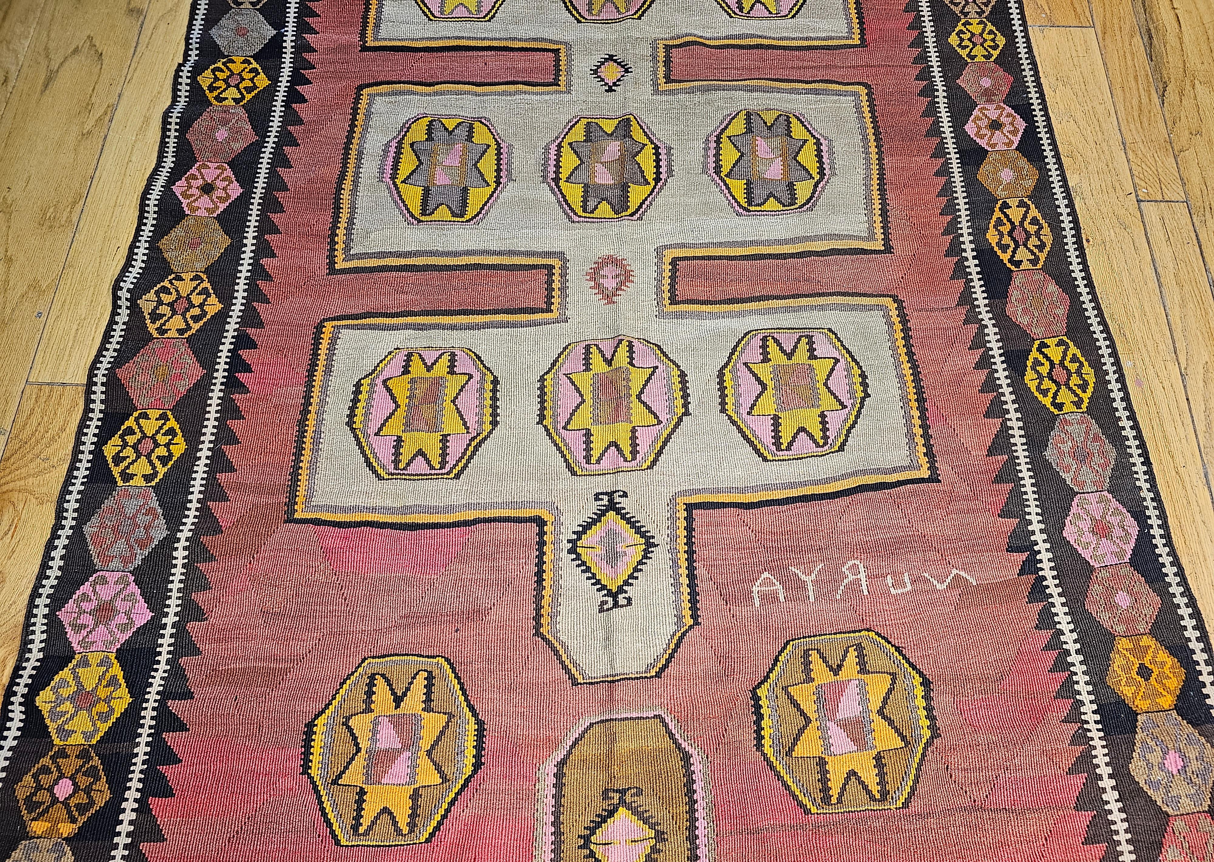 Vintage Turkish Kilim in Geometric Pattern in Pink, Black, Ivory, Yellow, Brown In Good Condition For Sale In Barrington, IL