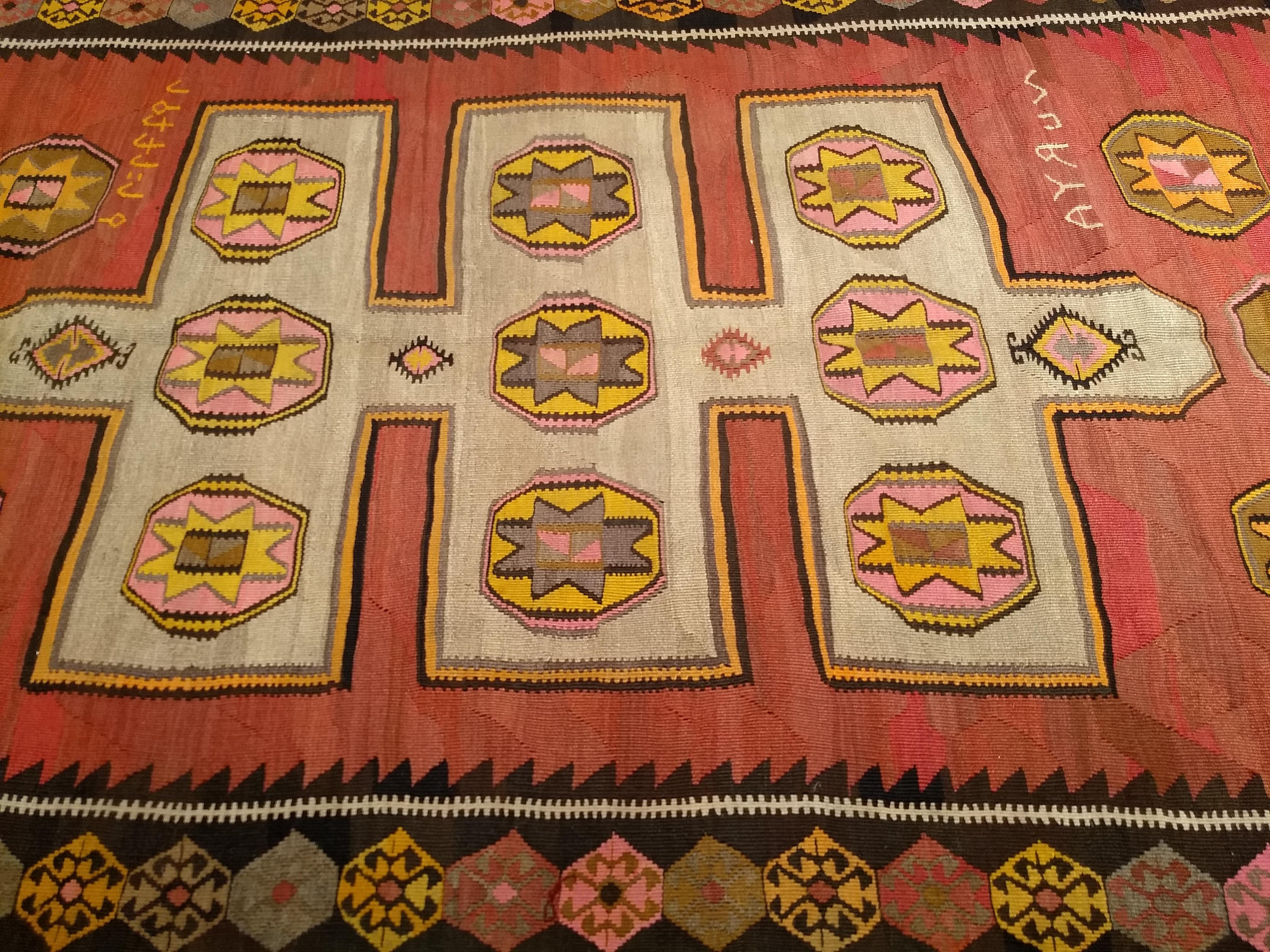Wool Vintage Turkish Kilim in Geometric Pattern in Pink, Black, Ivory, Yellow, Brown For Sale