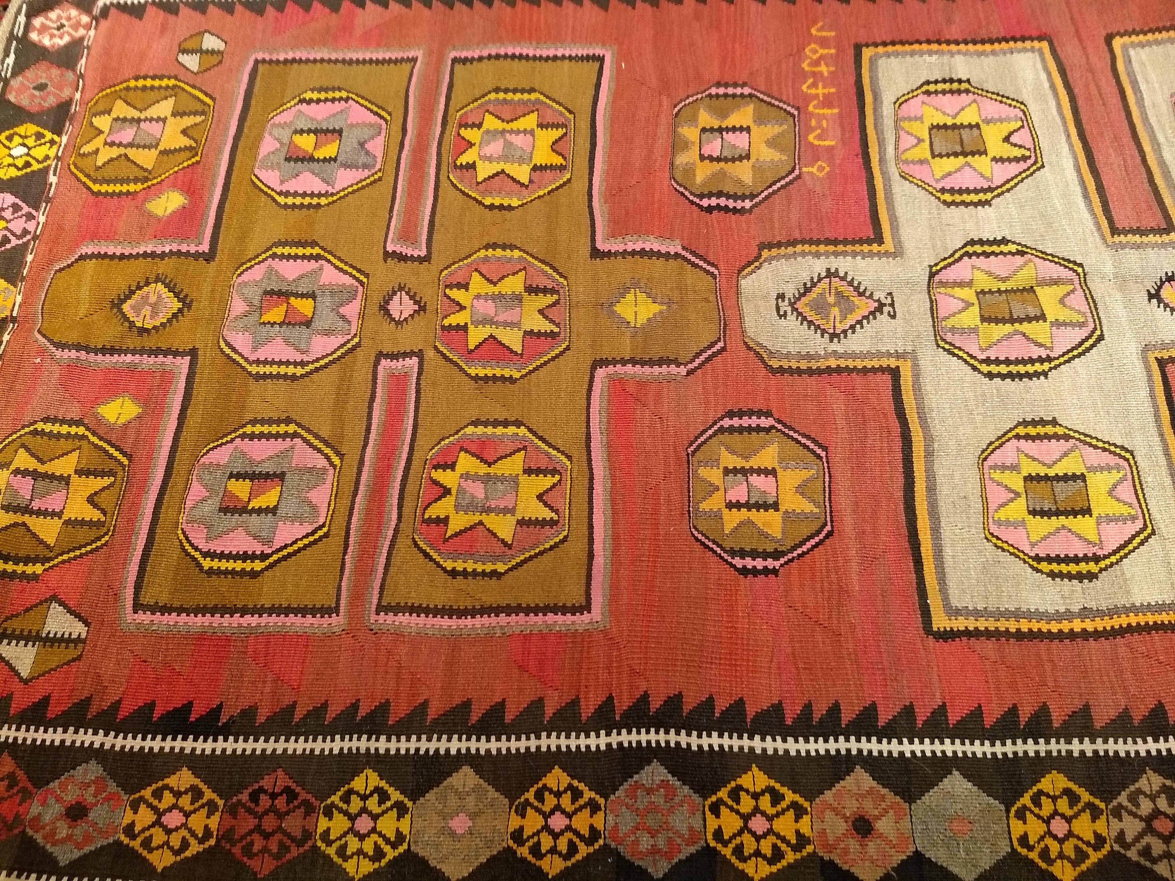 Vintage Turkish Kilim in Geometric Pattern in Pink, Black, Ivory, Yellow, Brown For Sale 1