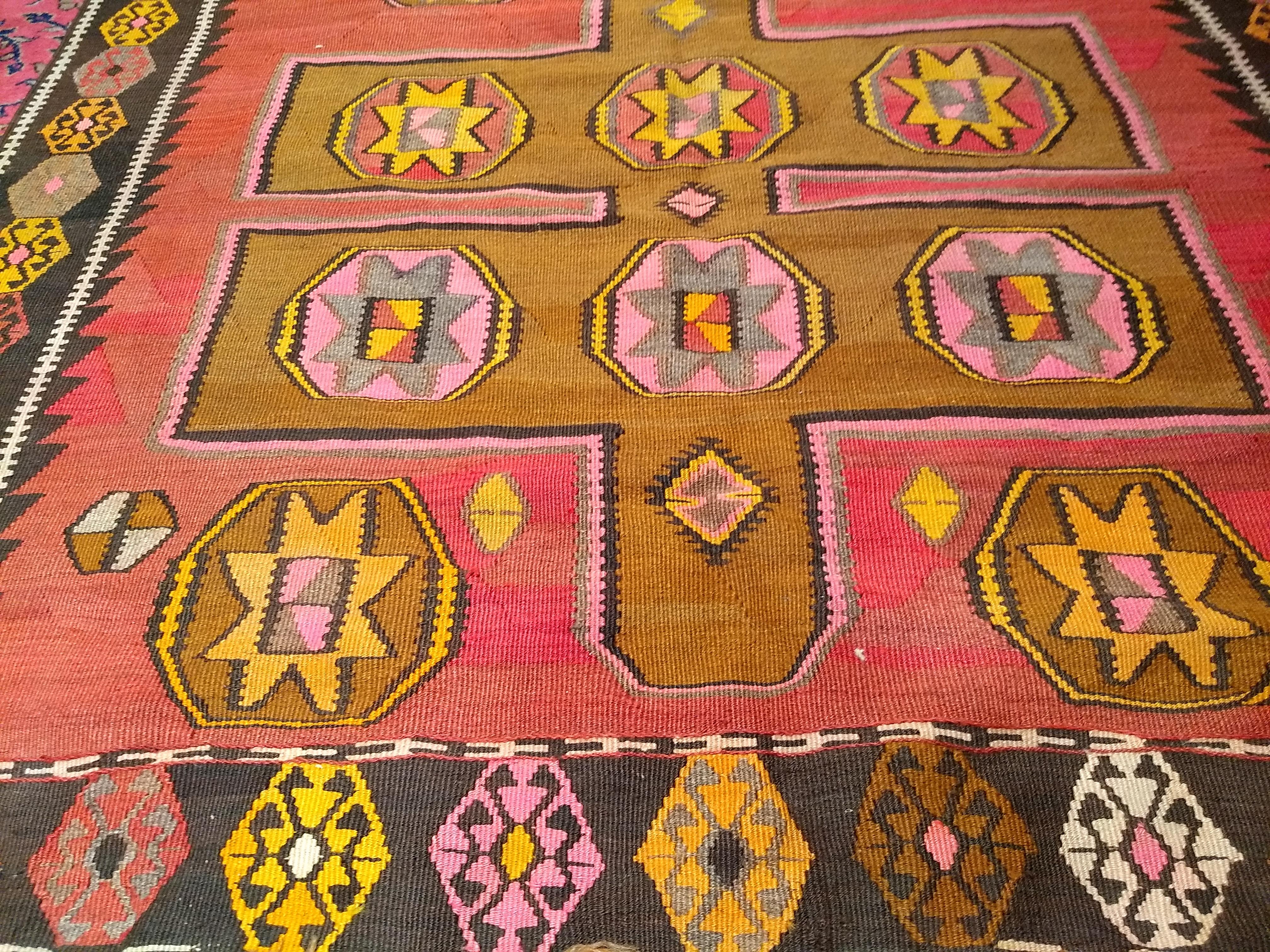 Vintage Turkish Kilim in Geometric Pattern in Pink, Black, Ivory, Yellow, Brown For Sale 2