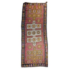Antique Turkish Kilim in Geometric Pattern in Pink, Black, Ivory, Yellow, Brown