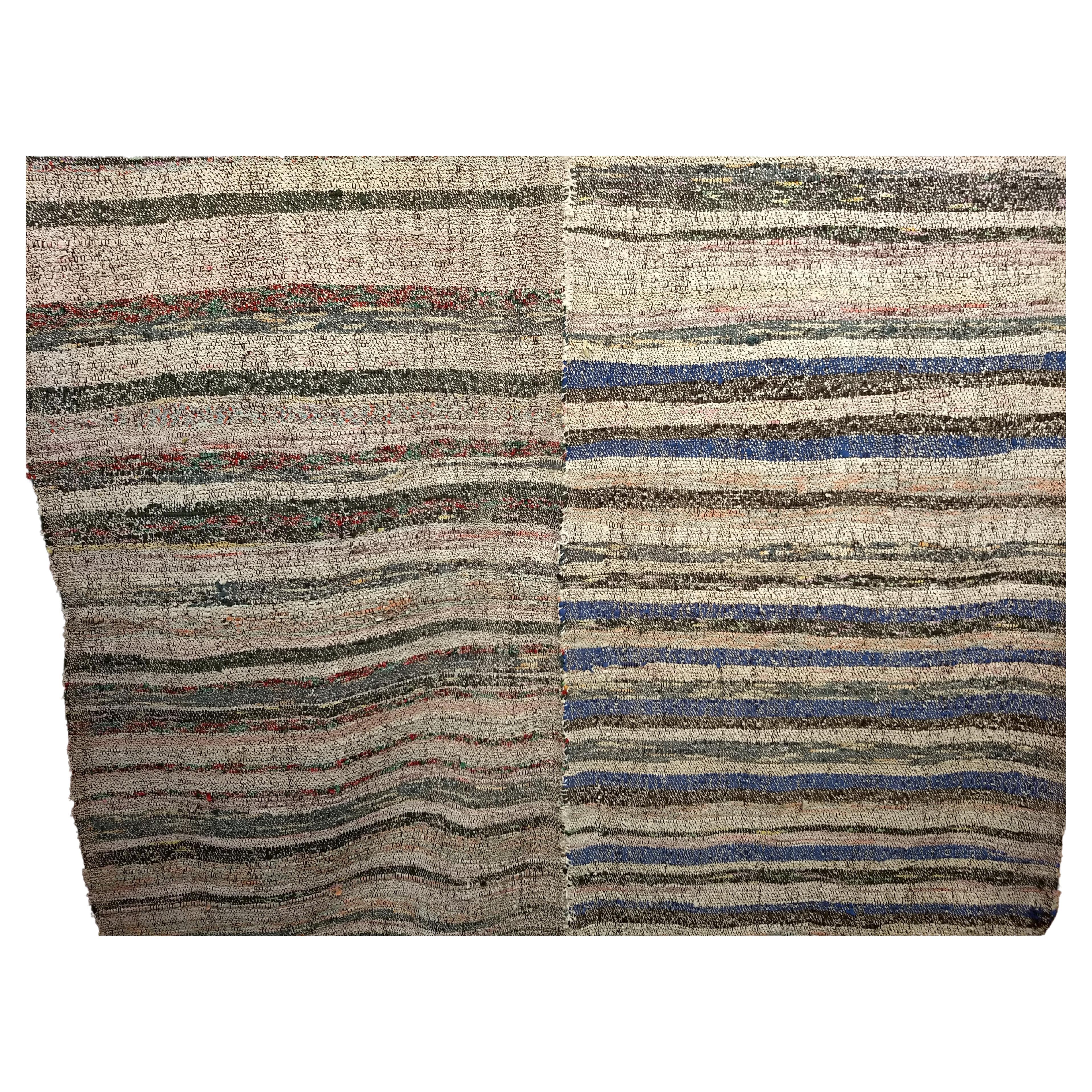Vegetable Dyed Vintage Turkish Kilim in Horizontal Stripe Pattern in Gray, Ivory, Green, Blue For Sale