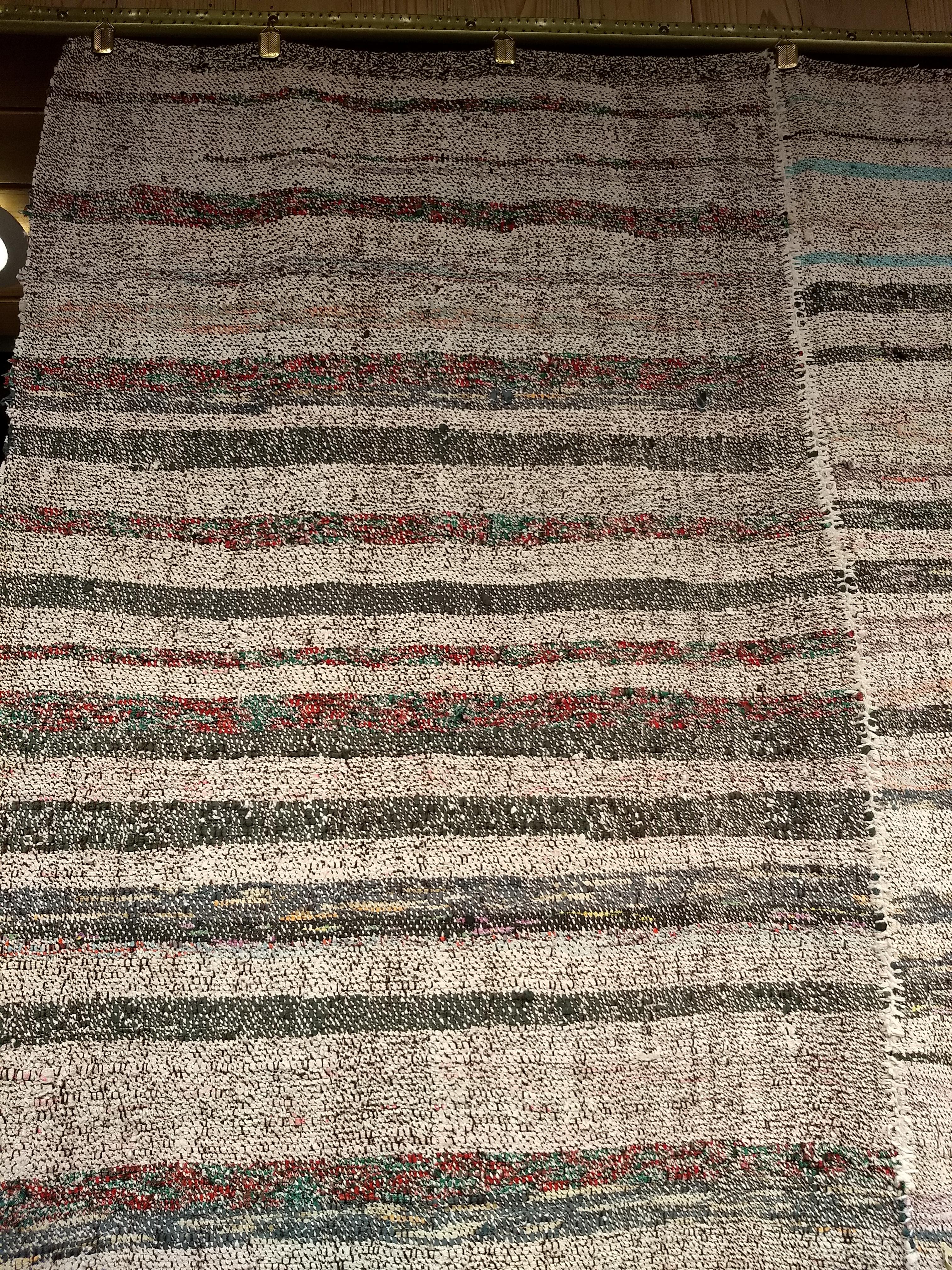 Vintage Turkish Kilim in Horizontal Stripe Pattern in Gray, Ivory, Green, Blue In Good Condition For Sale In Barrington, IL