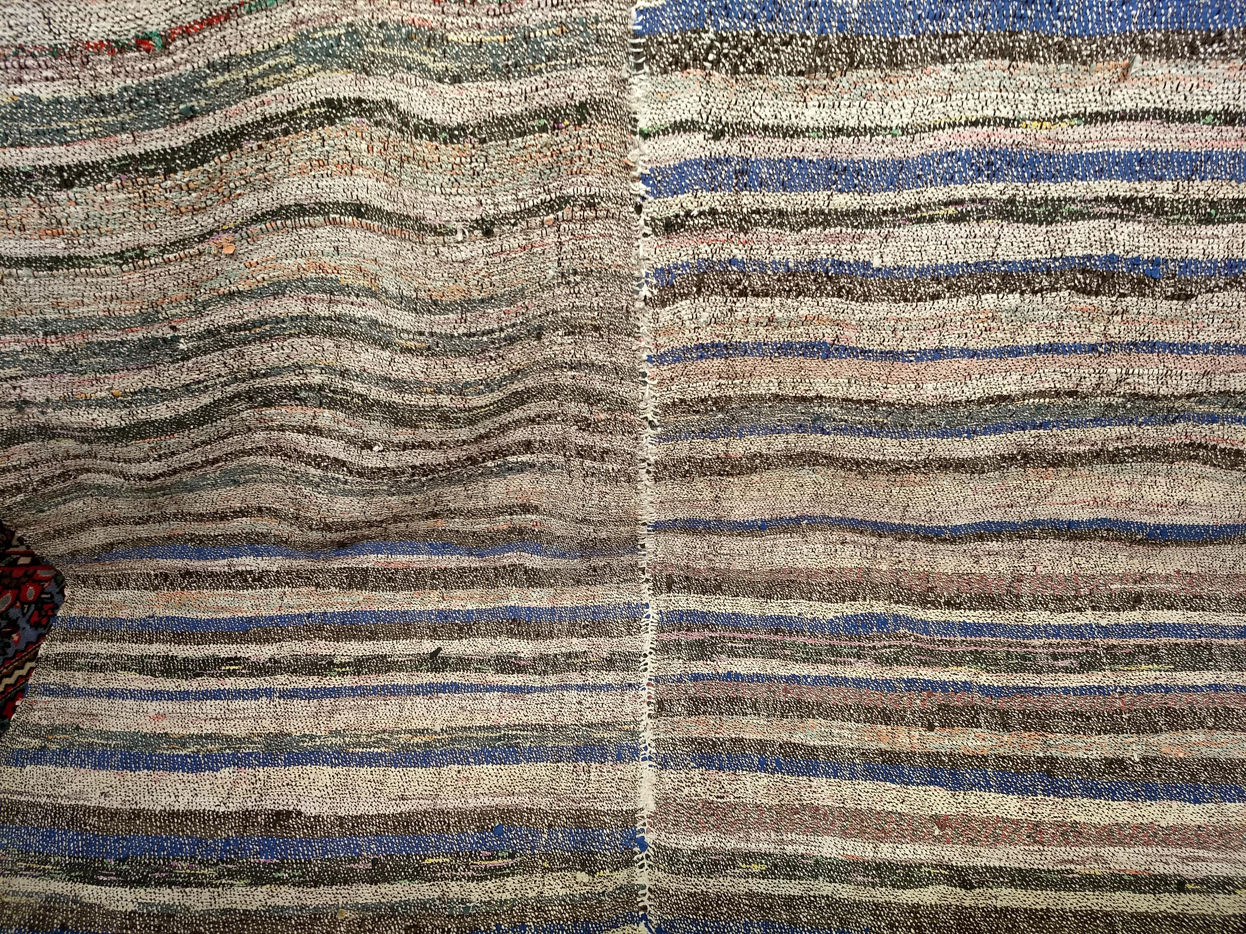 20th Century Vintage Turkish Kilim in Horizontal Stripe Pattern in Gray, Ivory, Green, Blue For Sale