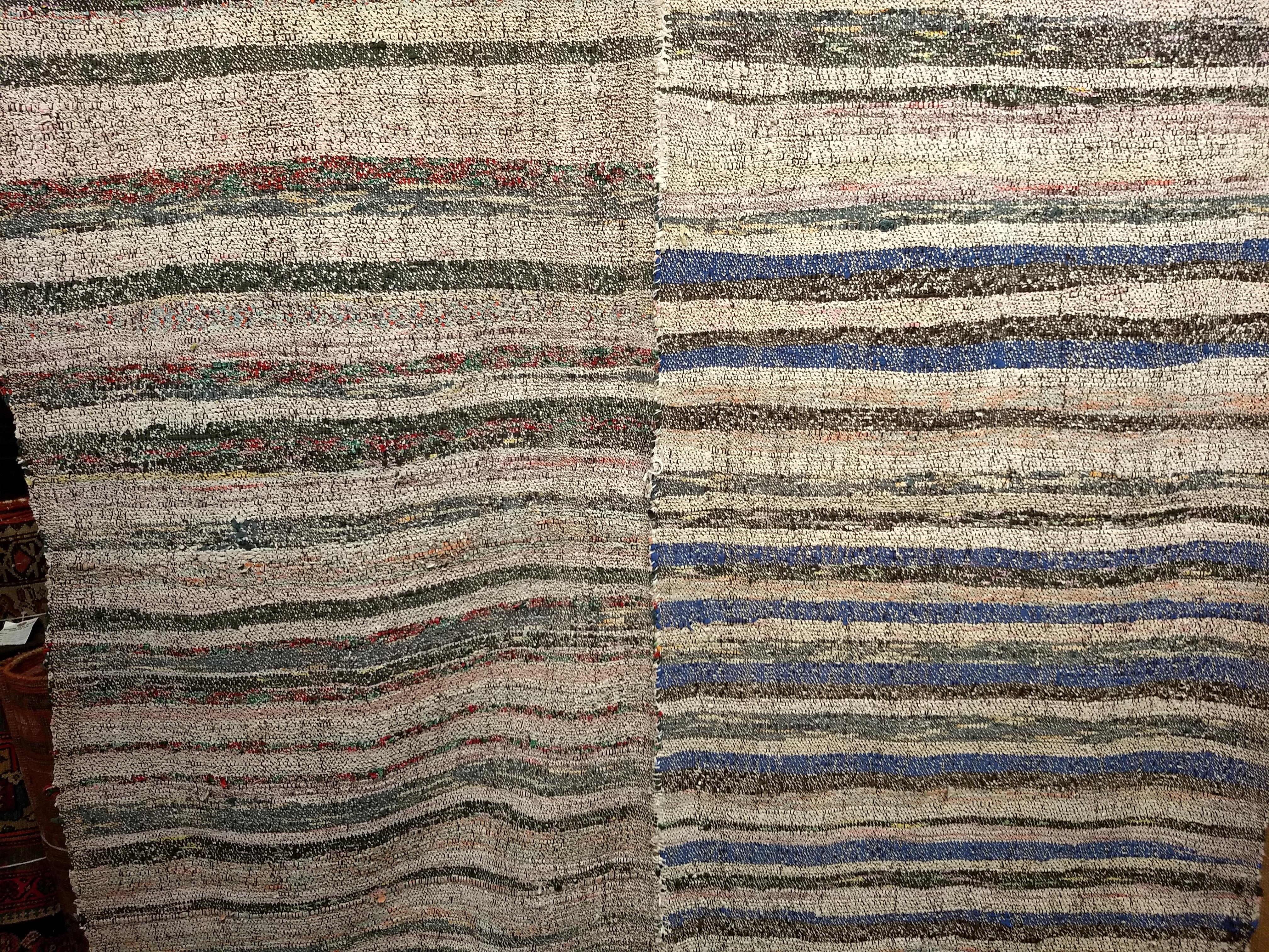 Wool Vintage Turkish Kilim in Horizontal Stripe Pattern in Gray, Ivory, Green, Blue For Sale