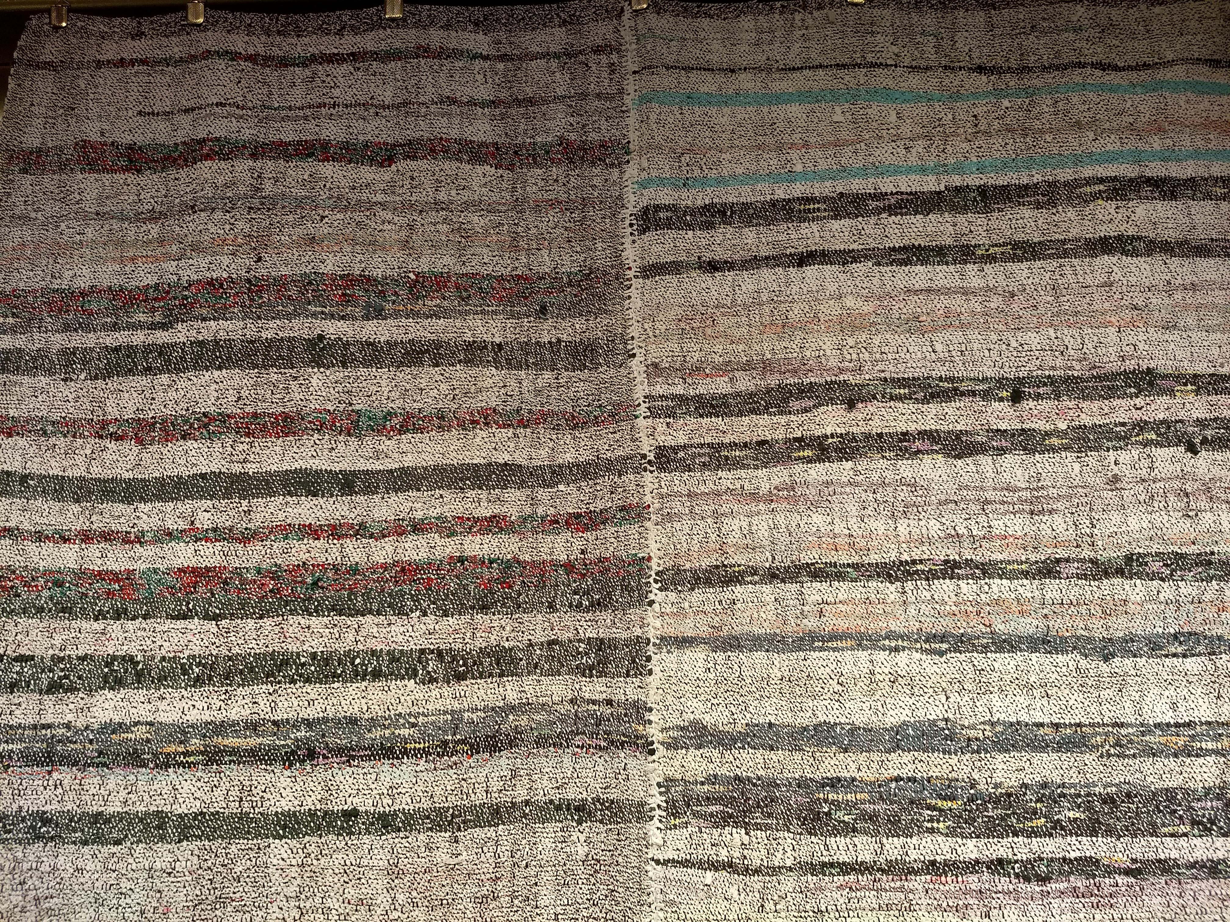 Vintage Turkish Kilim in Horizontal Stripe Pattern in Gray, Ivory, Green, Blue For Sale 1