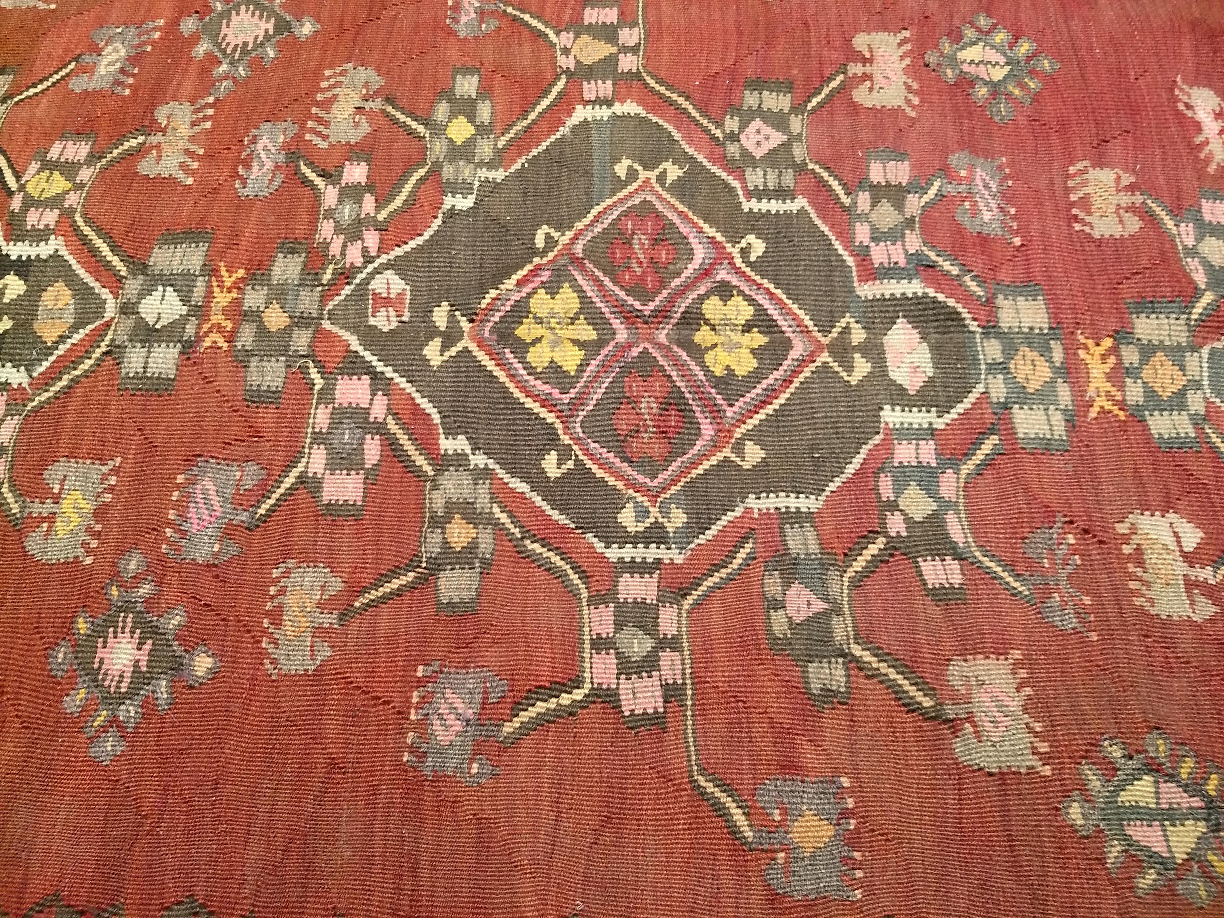 Vintage Turkish Kilim in Medallion Pattern in Burgundy, Ivory, Brown, Red, Pink In Good Condition For Sale In Barrington, IL