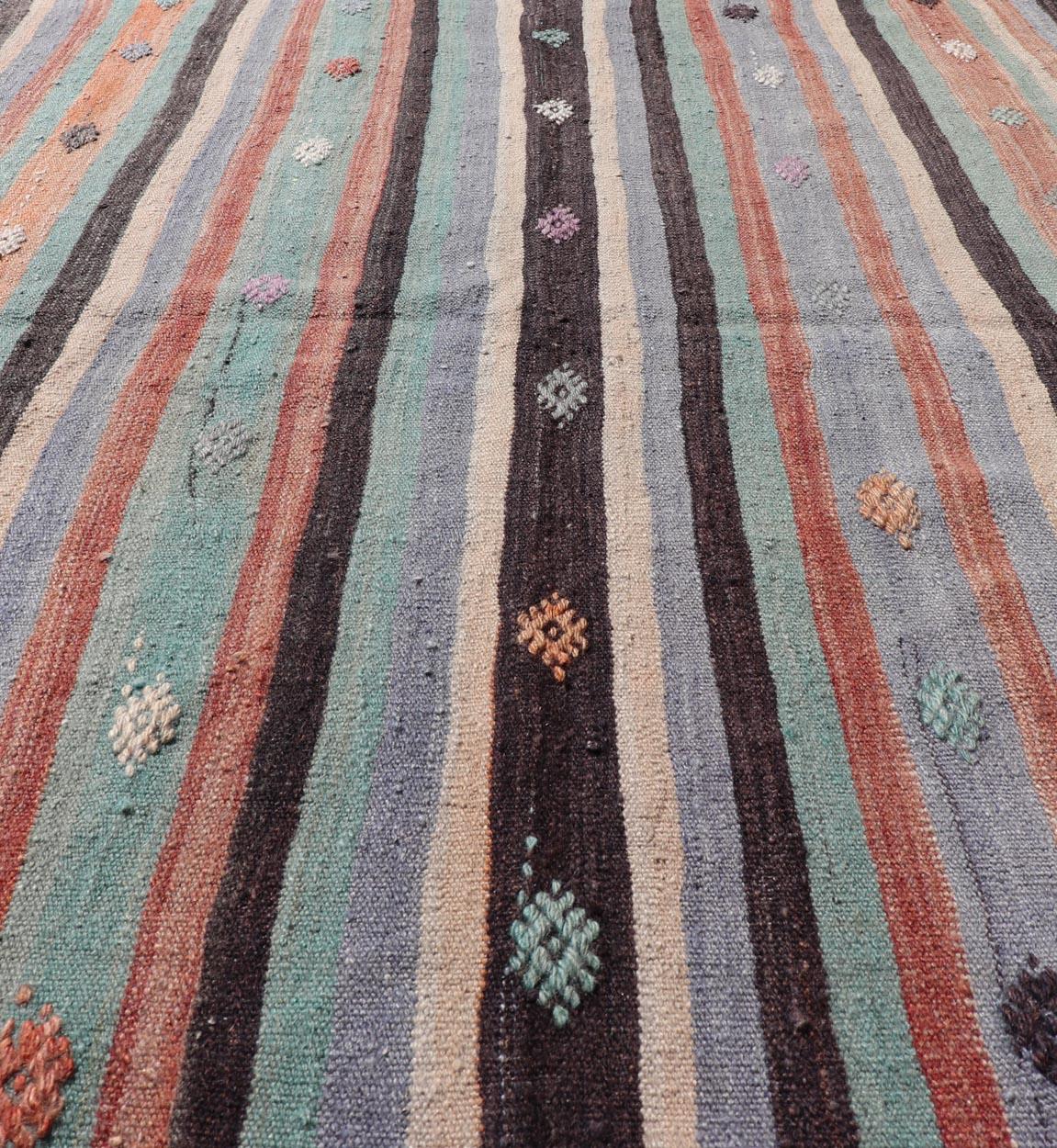 Hand-Woven Vintage Turkish Kilim in Multi Colors and Geometric Tribal Motifs  For Sale