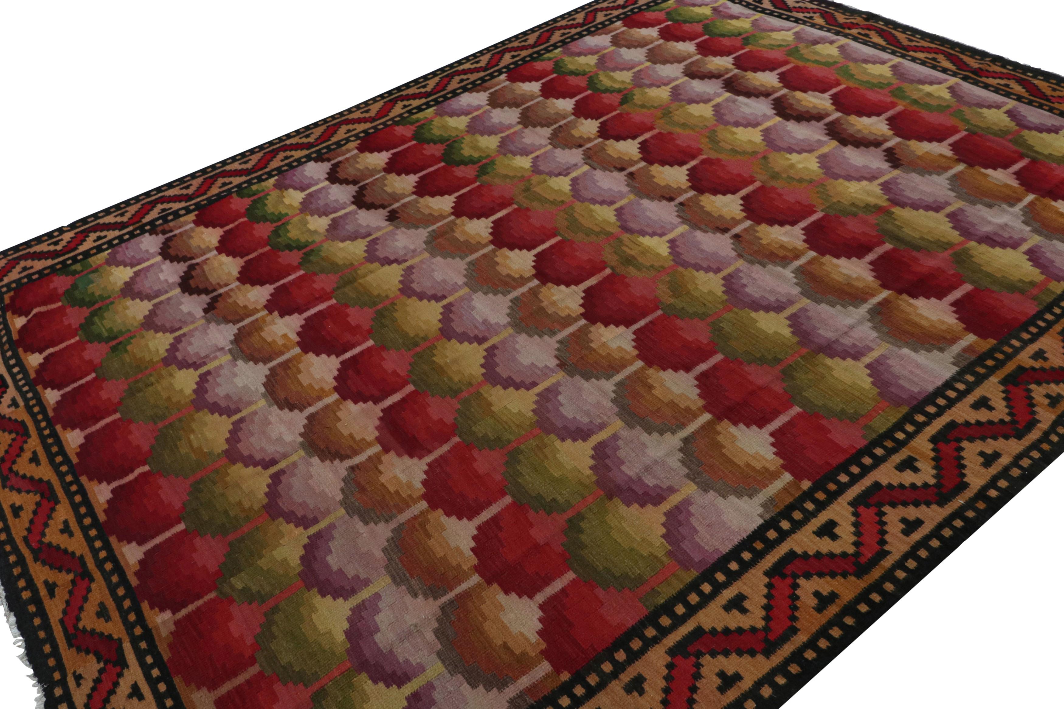 Handwoven in wool, circa 1950-1960, this 9x11 vintage kilim is believed to originate from Turkey and its design is a rare one with some elements of Balkan design. 

On the Design: 

Its colorway is a rich range of red, chartreuse green, brown and