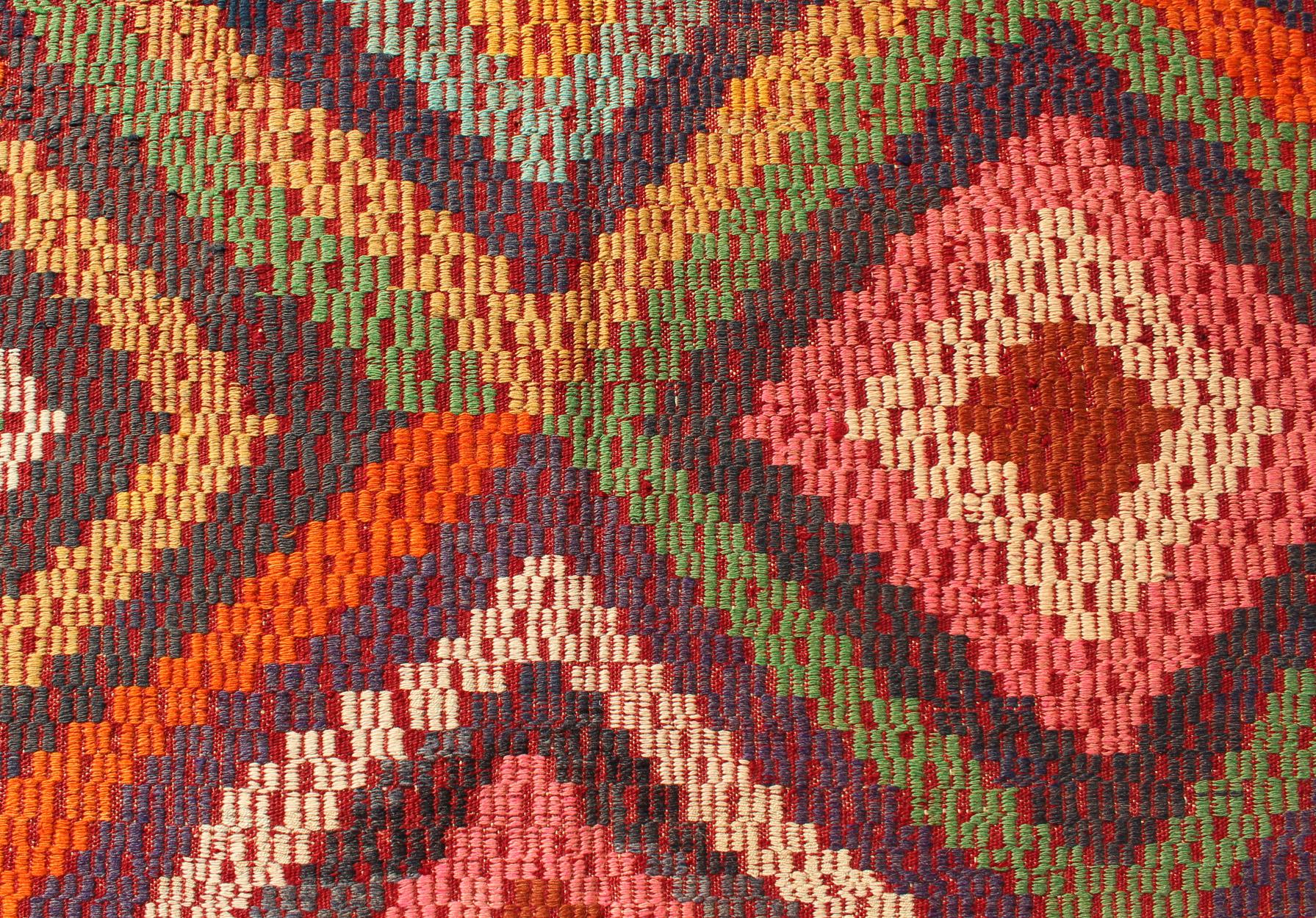 Wool Vintage Turkish Kilim Jajim Rug with Broken Diamond Pattern and Vibrant Colors For Sale