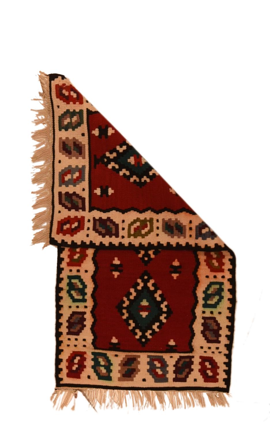 Vintage Turkish Kilim Rug 1'8'' x 3'2''.  The red field of this Bulgarian, Romanian or South Slavic slit tapestry weave scatter shows three independent lozenges detailed in sand and black, within a sand border of reversing leaf-shapes. Zig-zag inner
