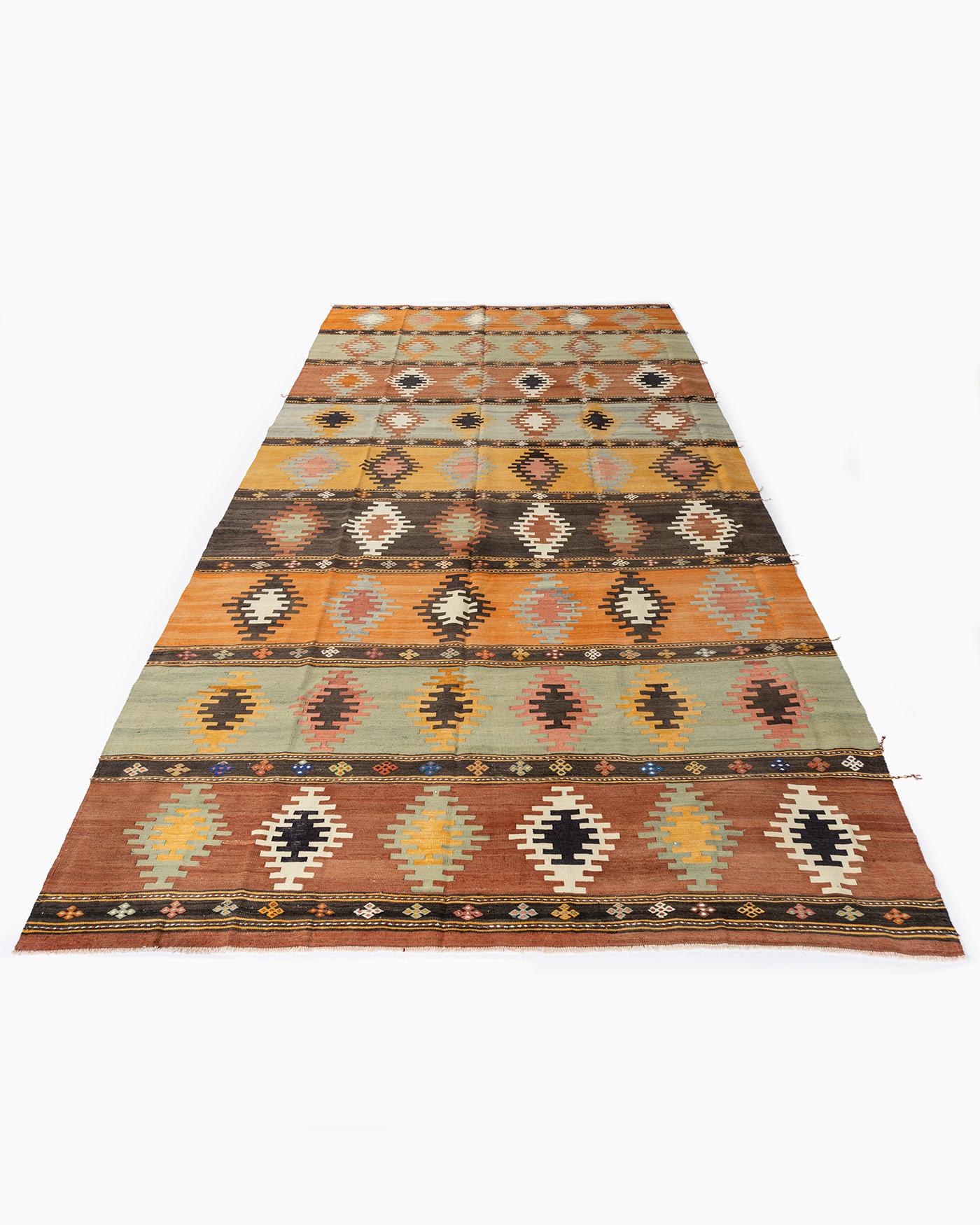 Wool Vintage Turkish Kilim Rug 6'10 x 12'7 For Sale