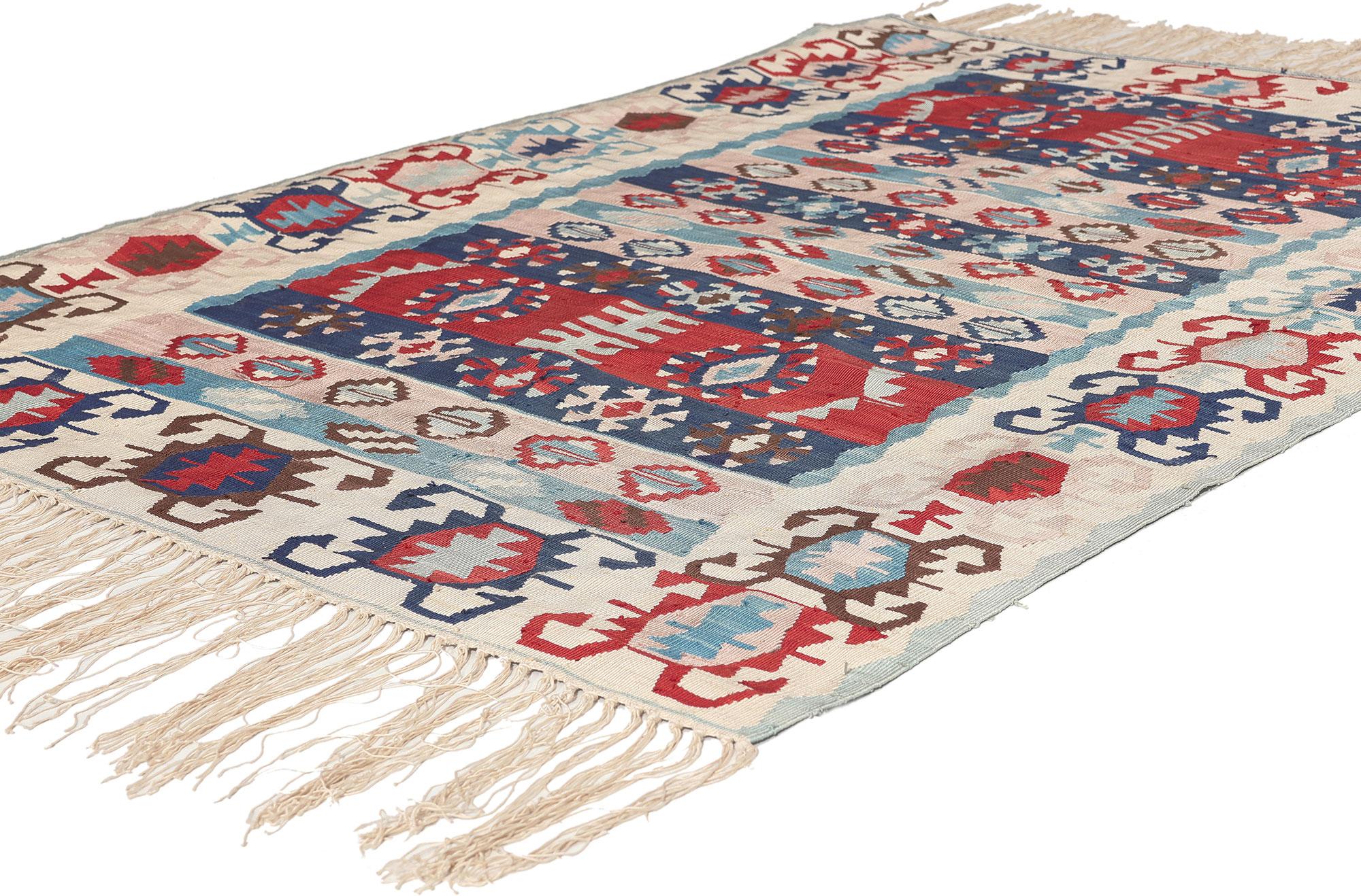 78644 Vintage Turkish Kilim Silk Rug, 03'07 x 05'03.
Boho chic meets patriotic flair in this handwoven Turkish kilim silk rug. The bold tribal design and classic colors woven into this piece work together creating a relaxed yet elevated feel such as
